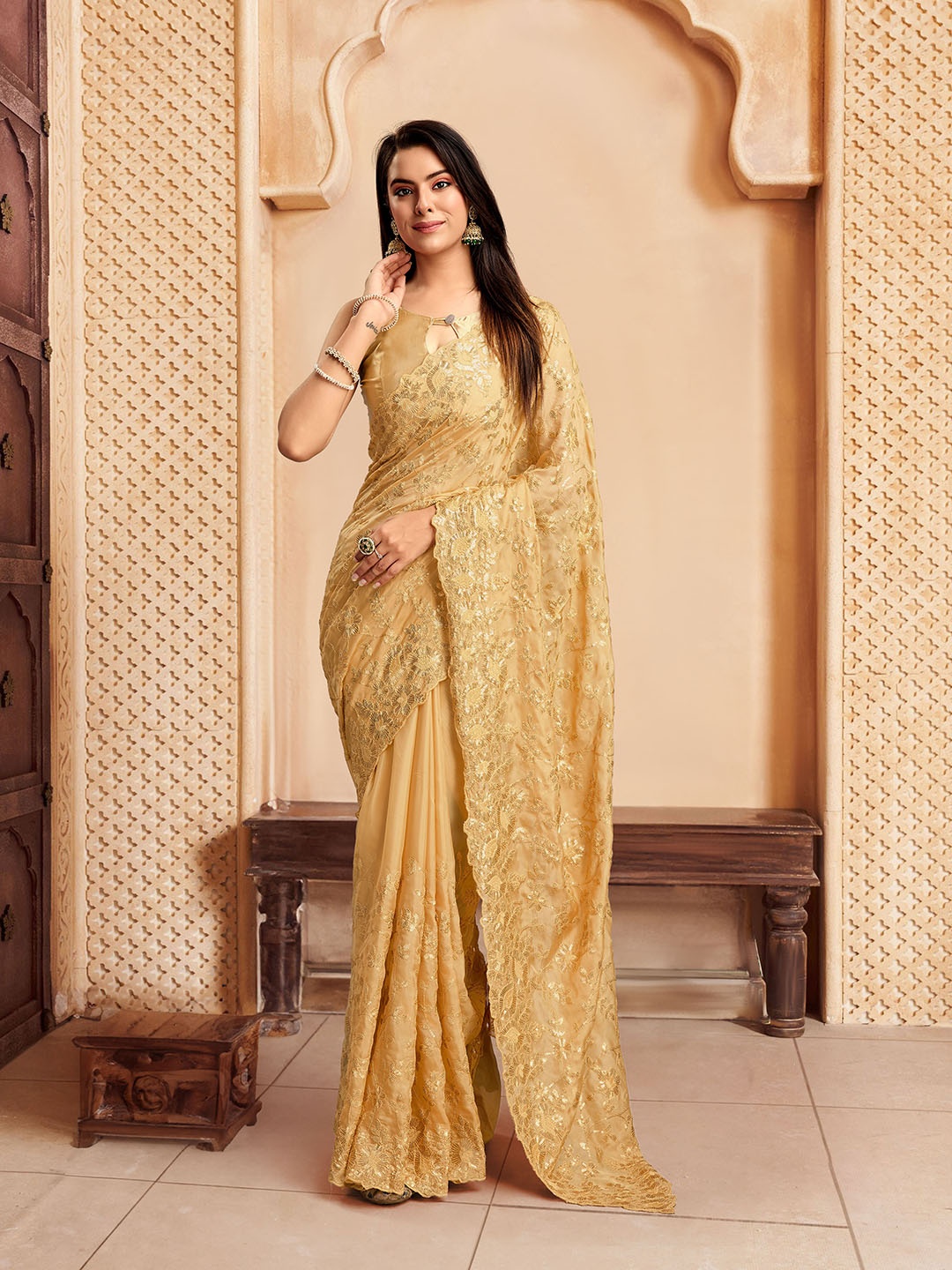 

House of Pataudi Embroidered Saree With Blouse Piece, Gold