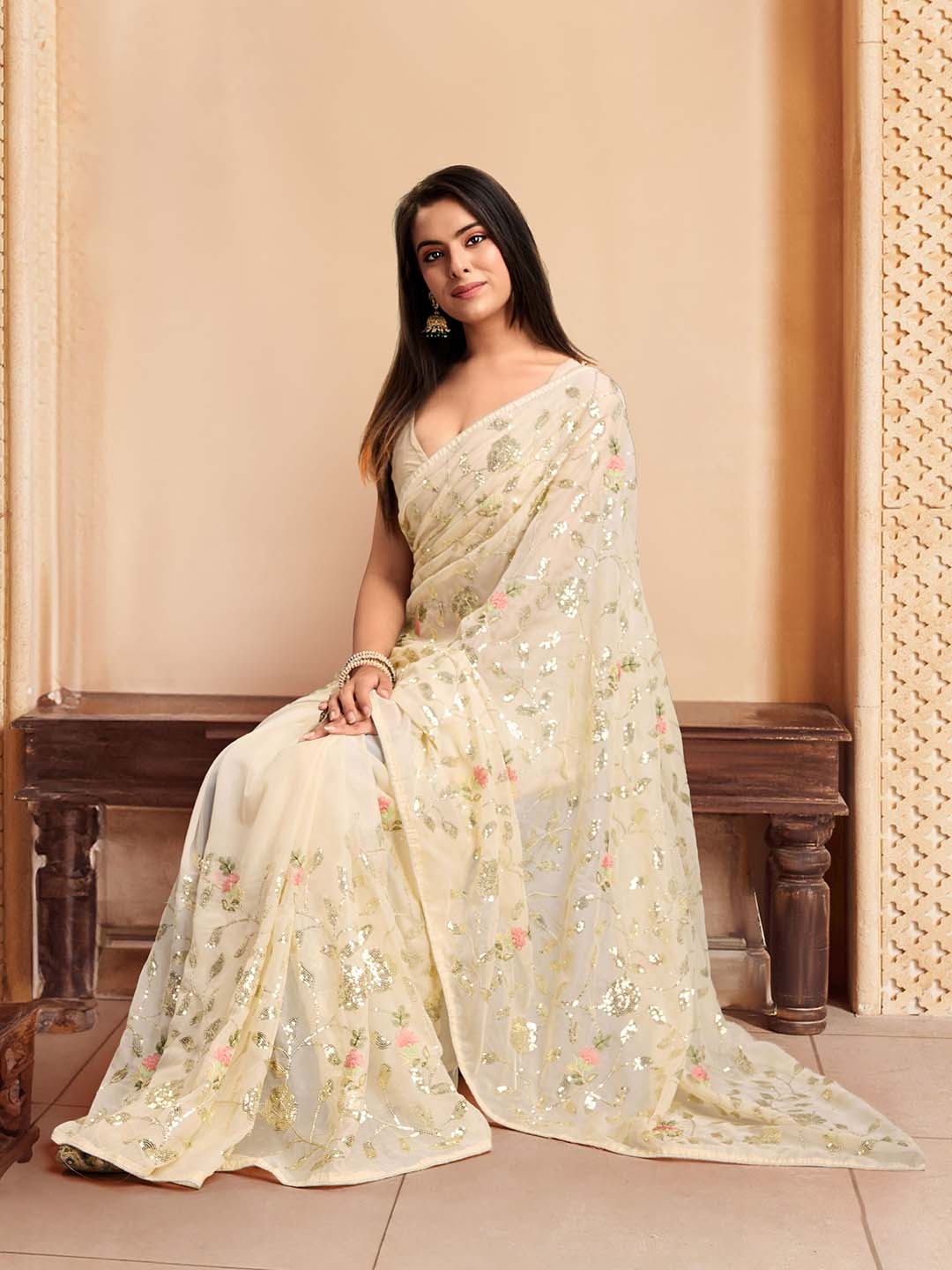 

House of Pataudi Embroidered Saree With Blouse Piece, Cream