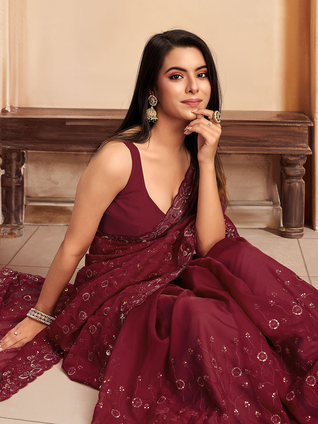 

House of Pataudi Sequence Embroidered Designer Saree With Blouse, Maroon