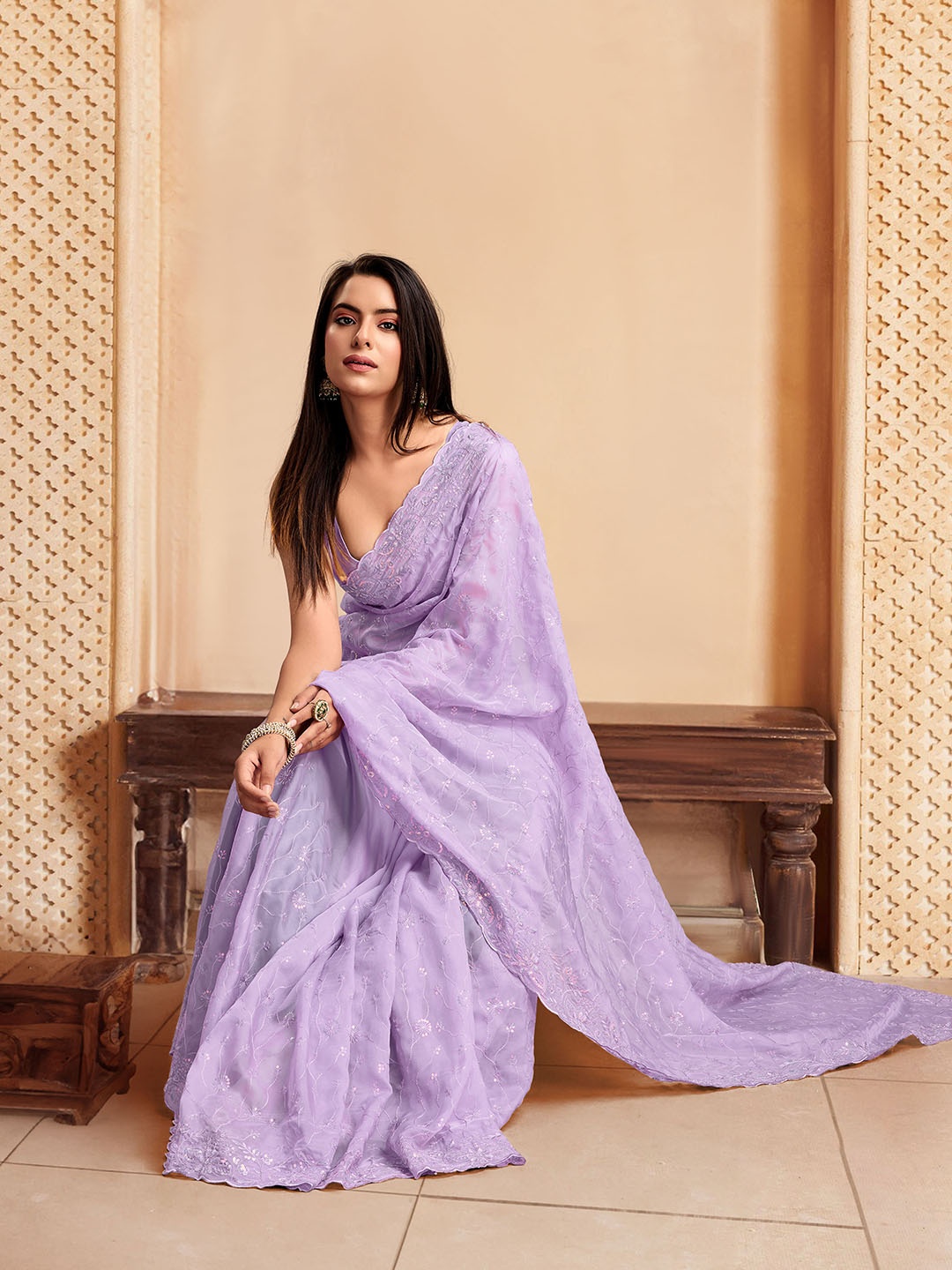 

House of Pataudi Embroidered Saree With Blouse Piece, Lavender