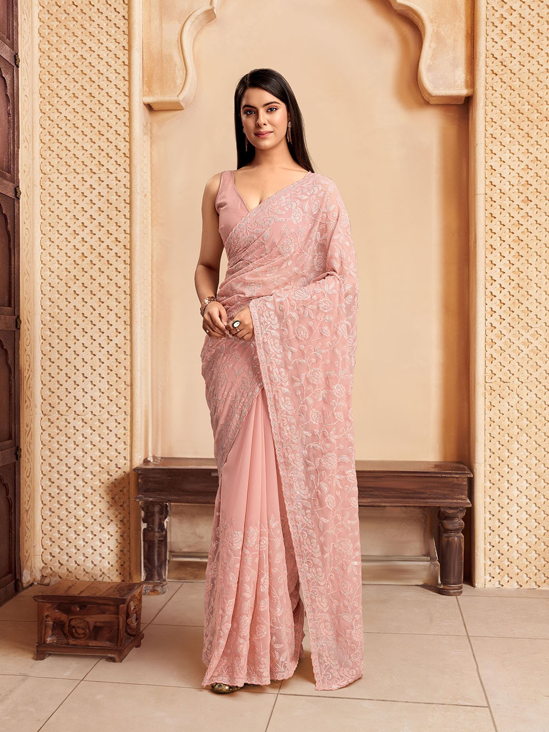 

House of Pataudi Embroidered Saree With Blouse, Peach