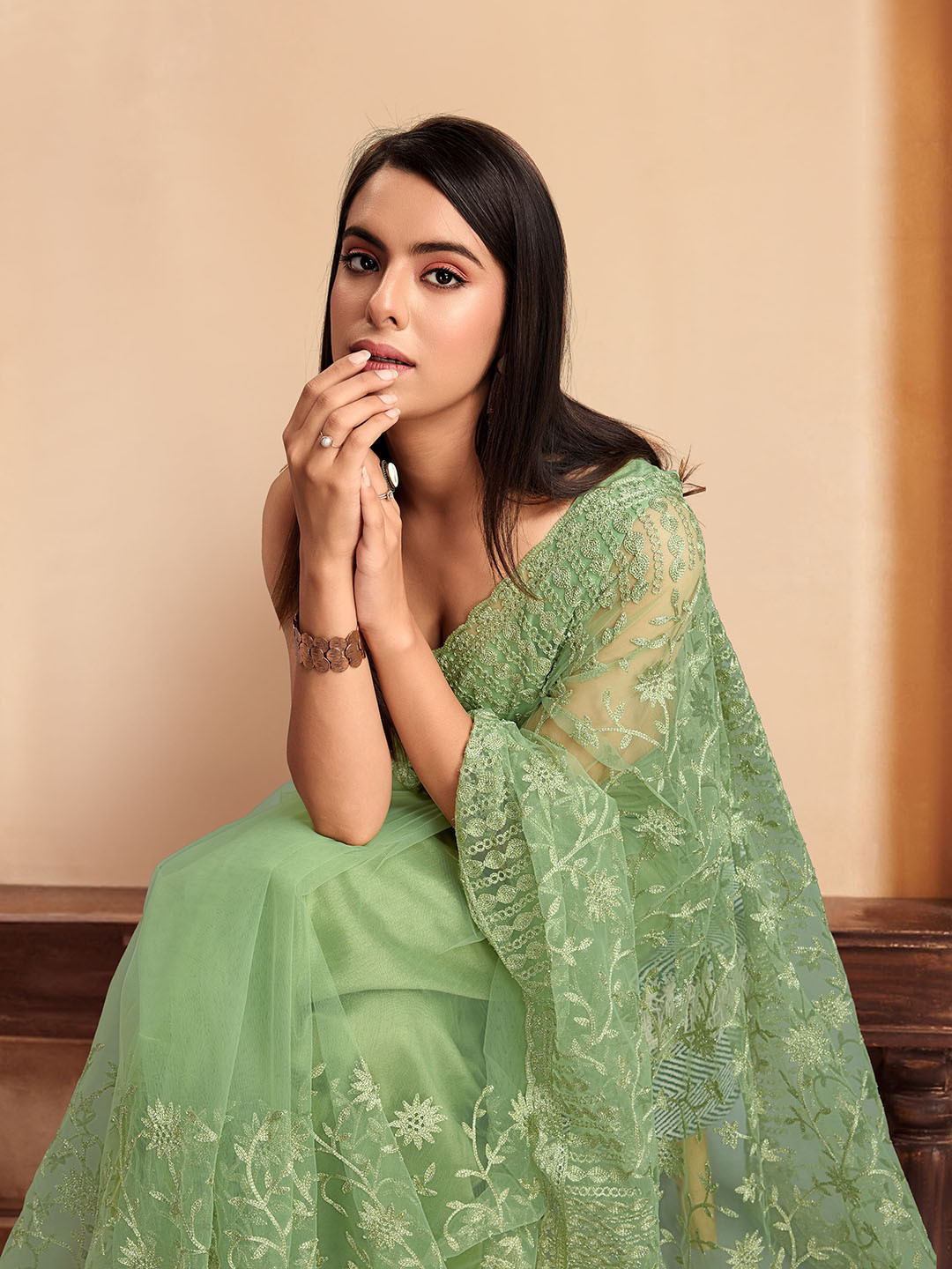 

House of Pataudi Embroidered Designer Saree With Blouse, Green