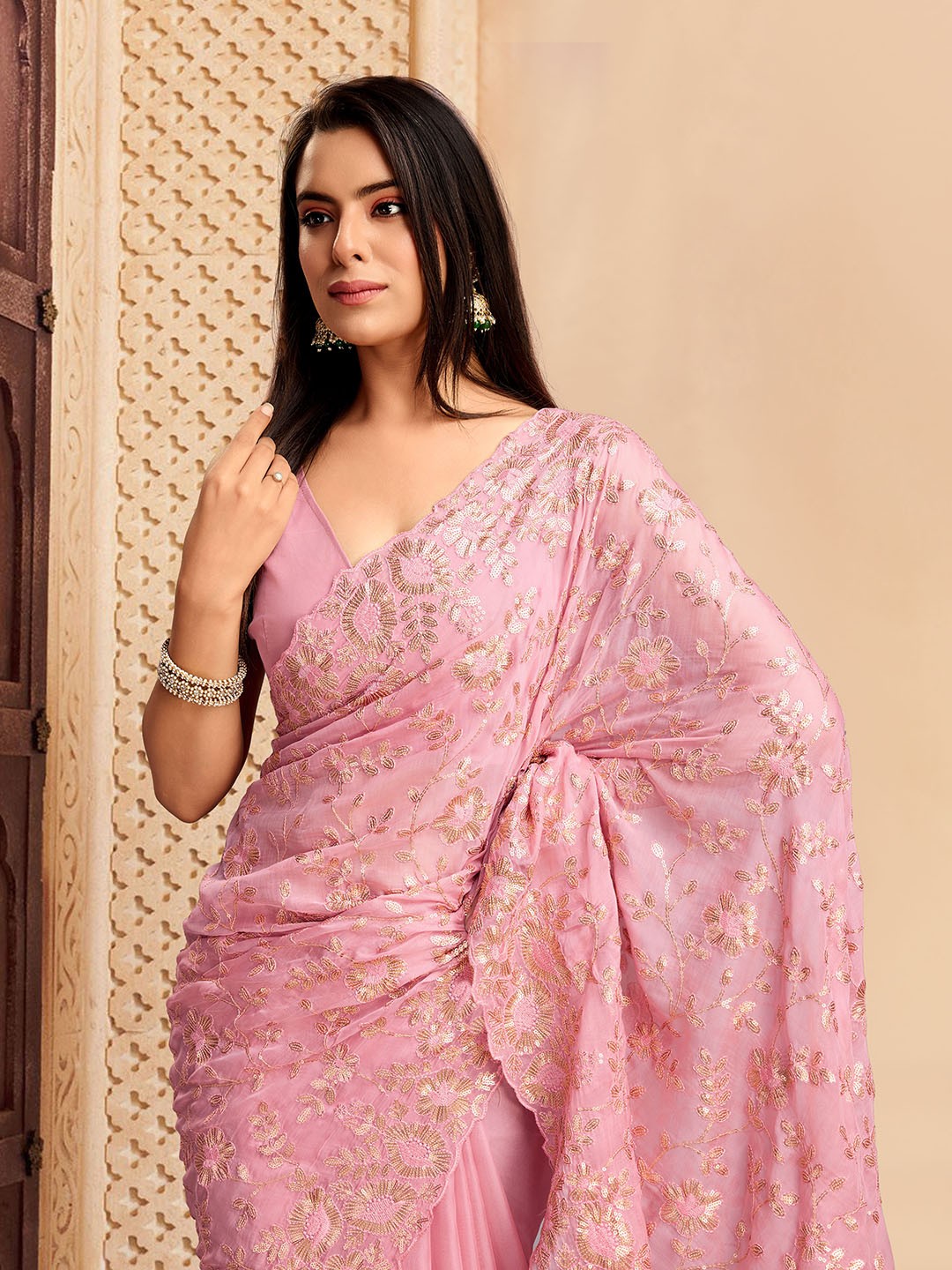 

House of Pataudi Embroidered Saree With Blouse Piece, Mauve