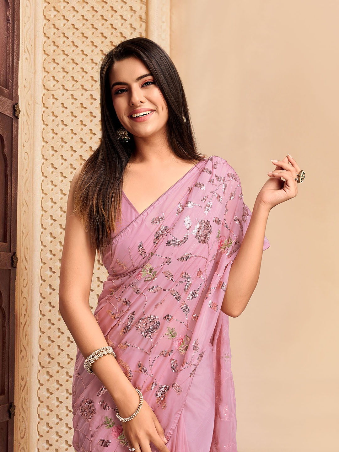 

House of Pataudi Sequence Embroidered Designer Saree With Blouse, Mauve
