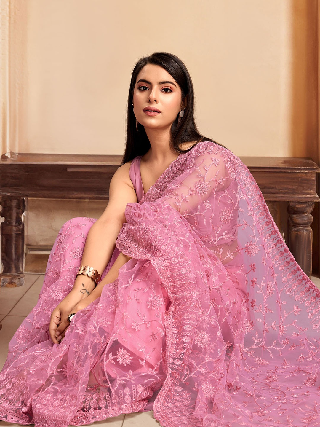 

House of Pataudi Embroidered Designer Saree With Blouse, Pink