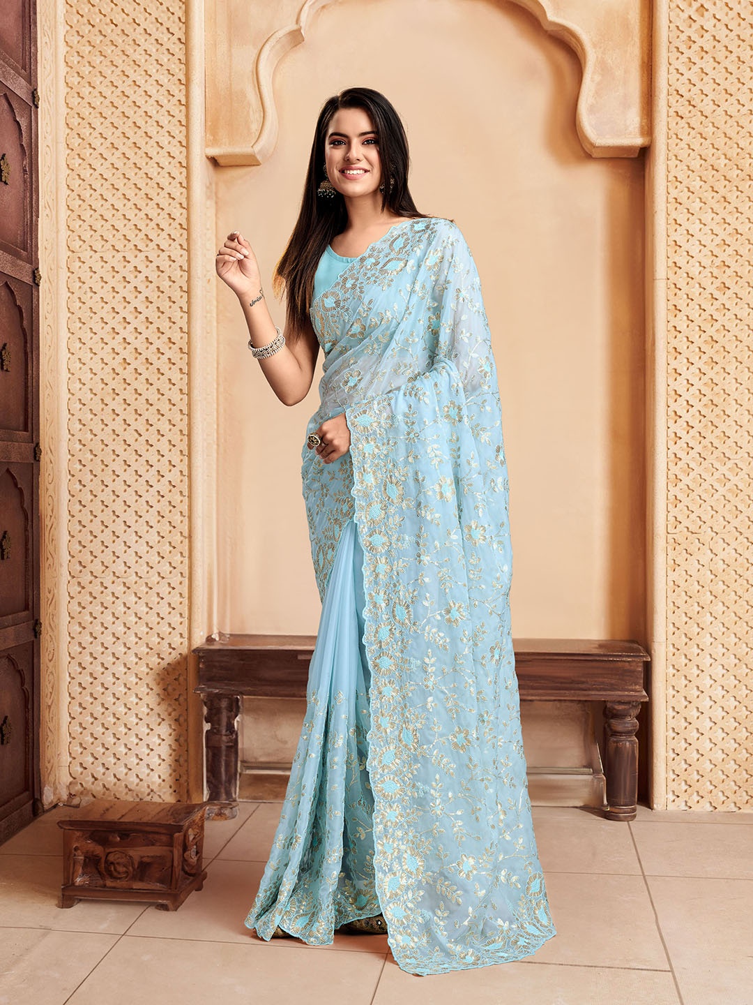 

House of Pataudi Embroidered Designer Saree With Blouse, Blue