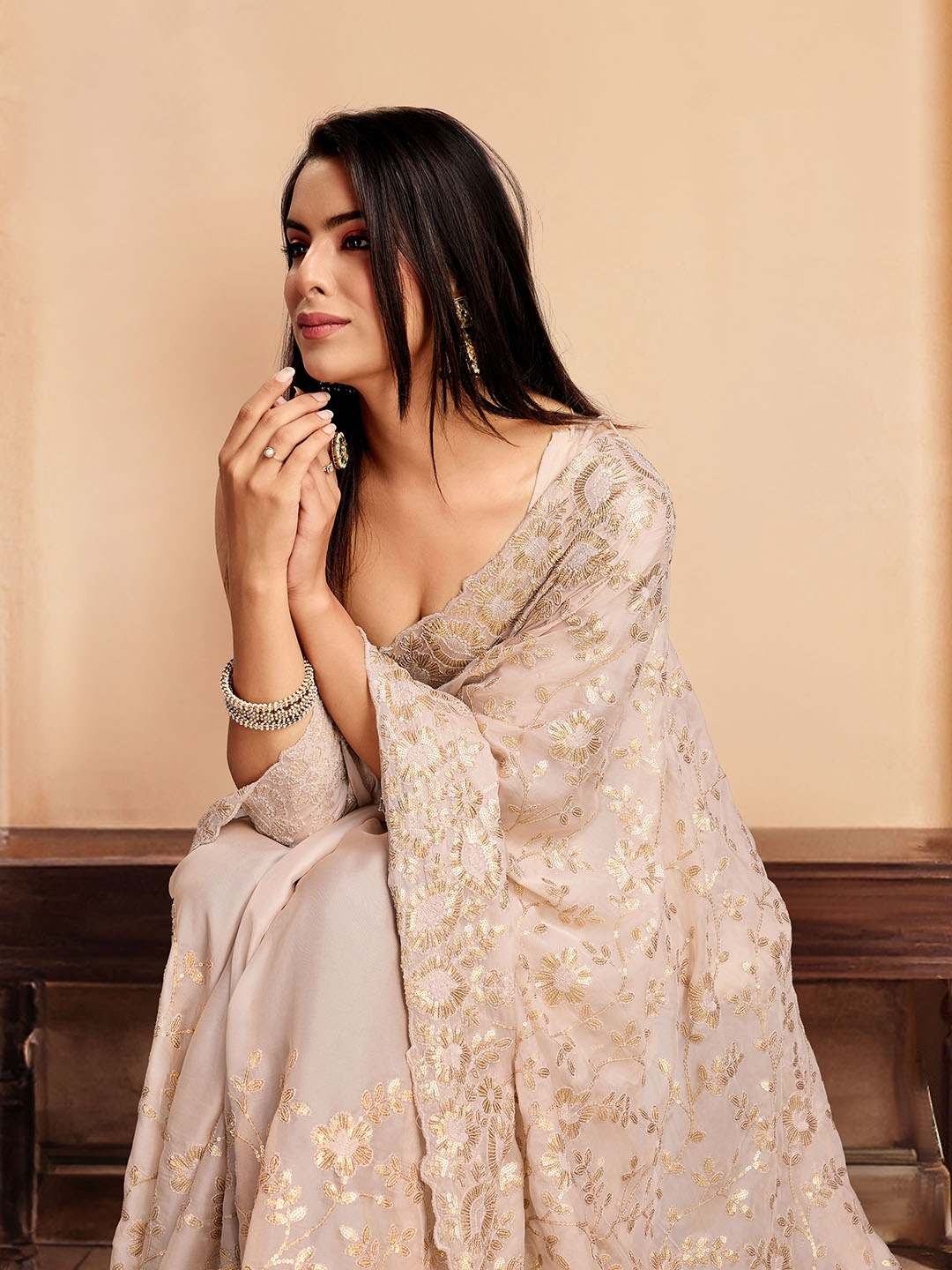 

House of Pataudi Embroidered Designer Saree With Blouse, Cream