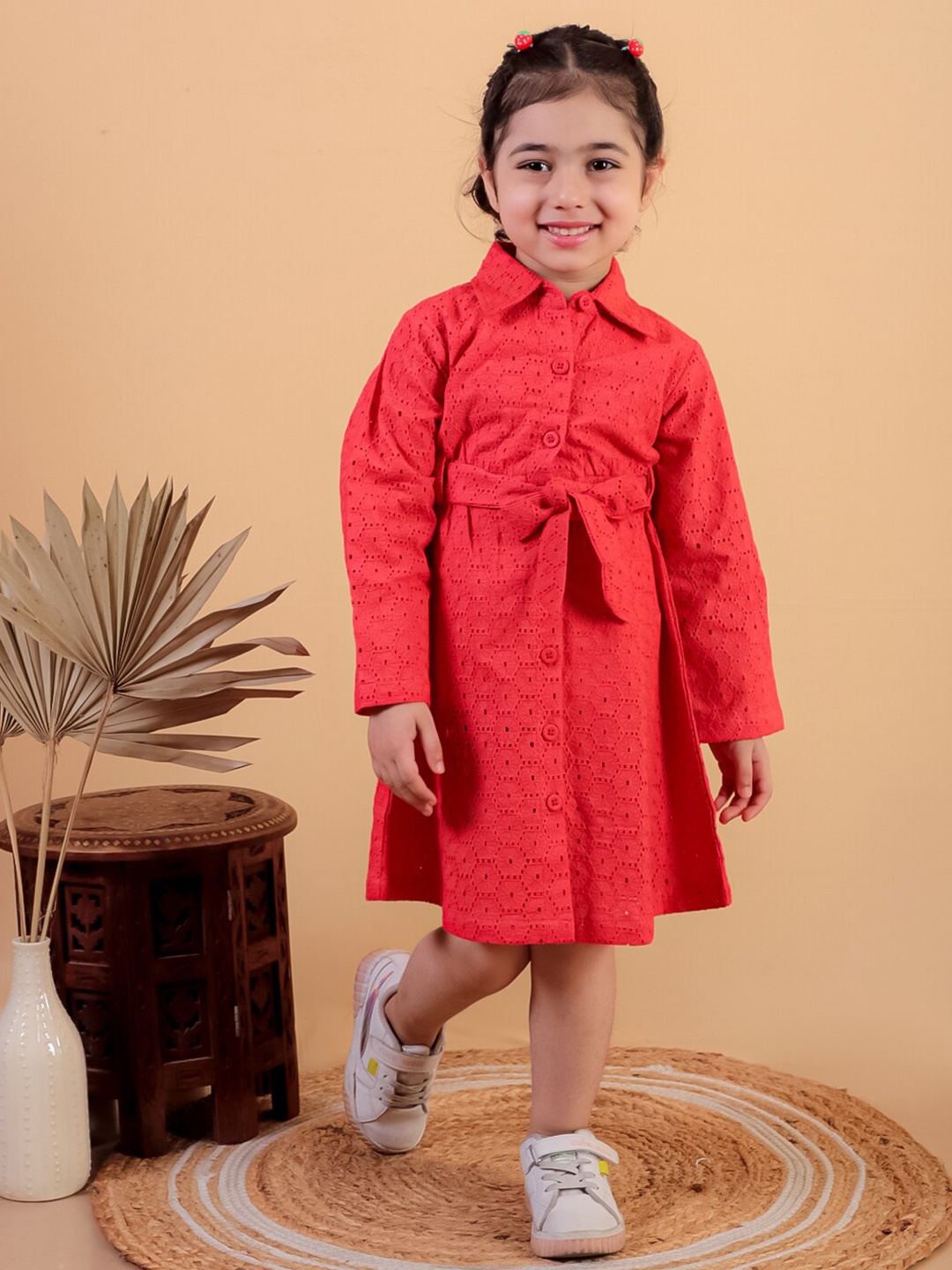

JUNITOS Girls Self Design Embroidered Schiffli Cotton Shirt Dress, Red