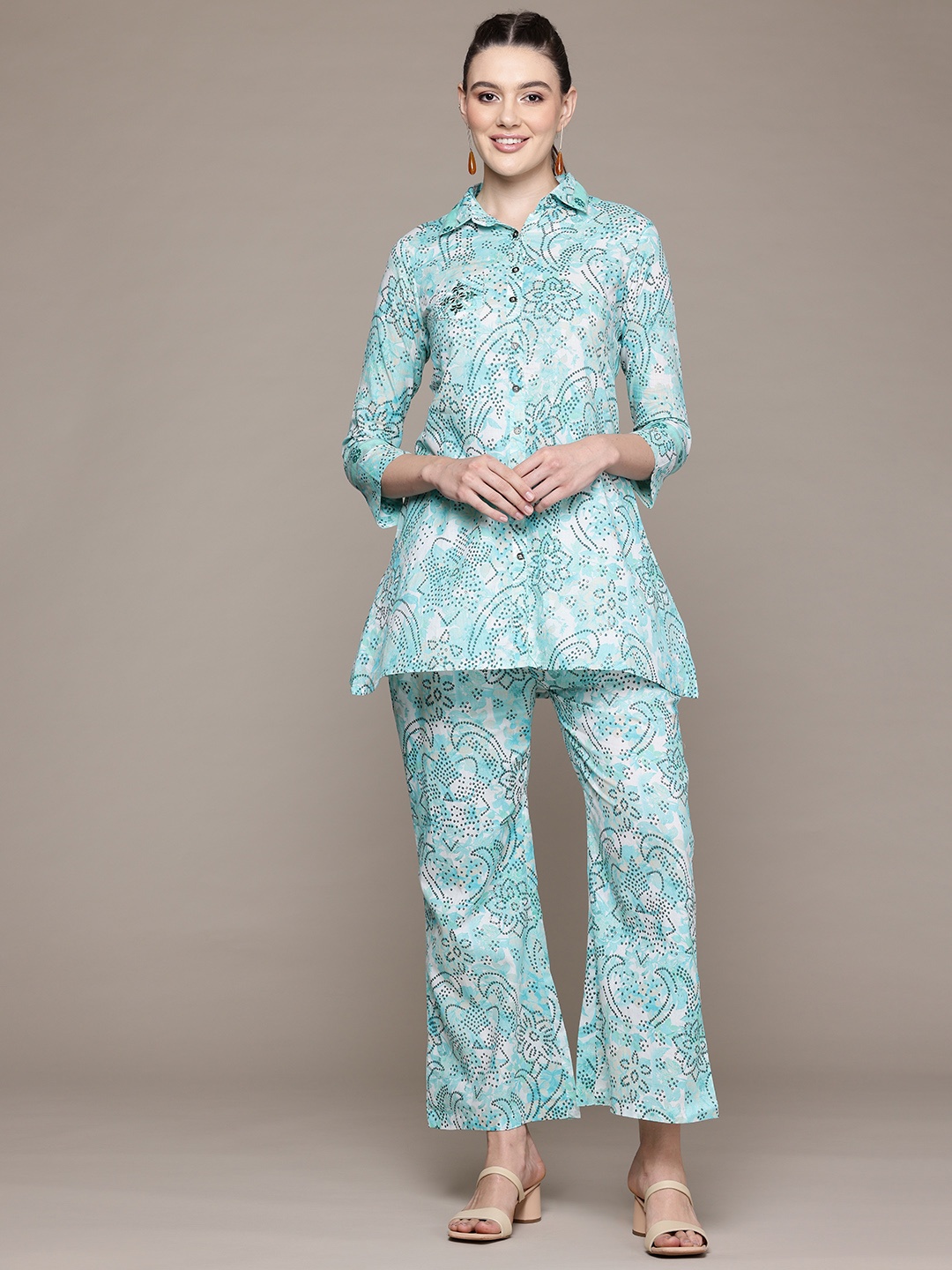 

Readiprint Fashions Floral Printed Pure Cotton Tunic & Palazzos, Turquoise blue