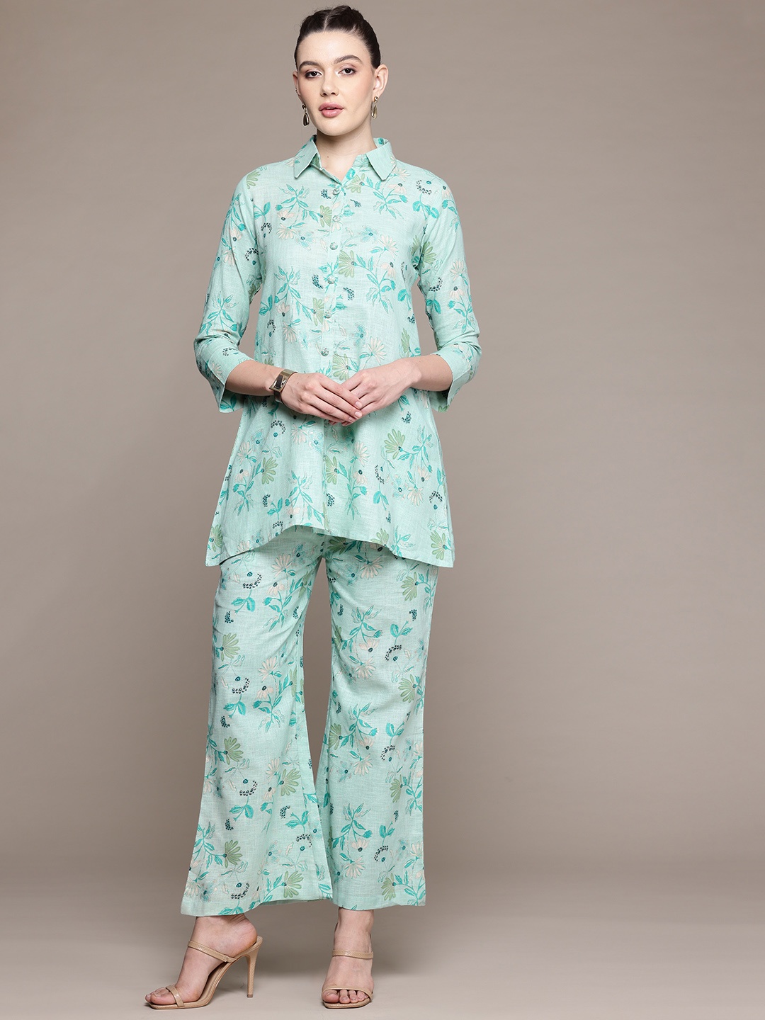Readiprint Floral Printed Pure Cotton Tunic & Palazzos, Sea green