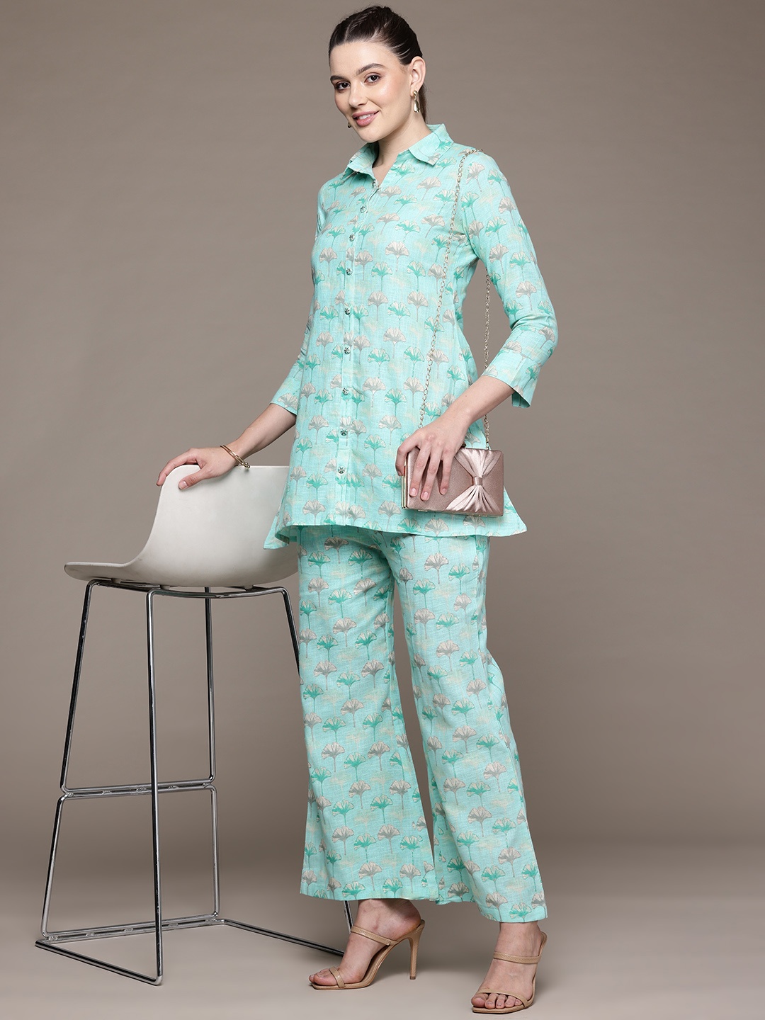 

Readiprint Floral Printed Pure Cotton Tunic & Palazzos, Turquoise blue