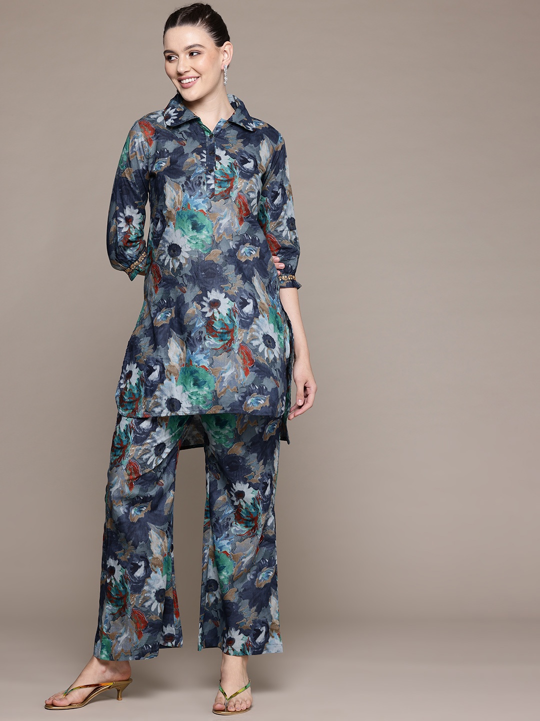 

Readiprint Fashions Floral Printed Pure Cotton Tunic & Palazzos, Navy blue