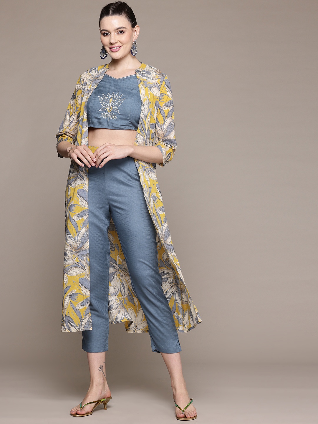 

Readiprint Embroidered Crop Top With Trousers & Shrug, Grey