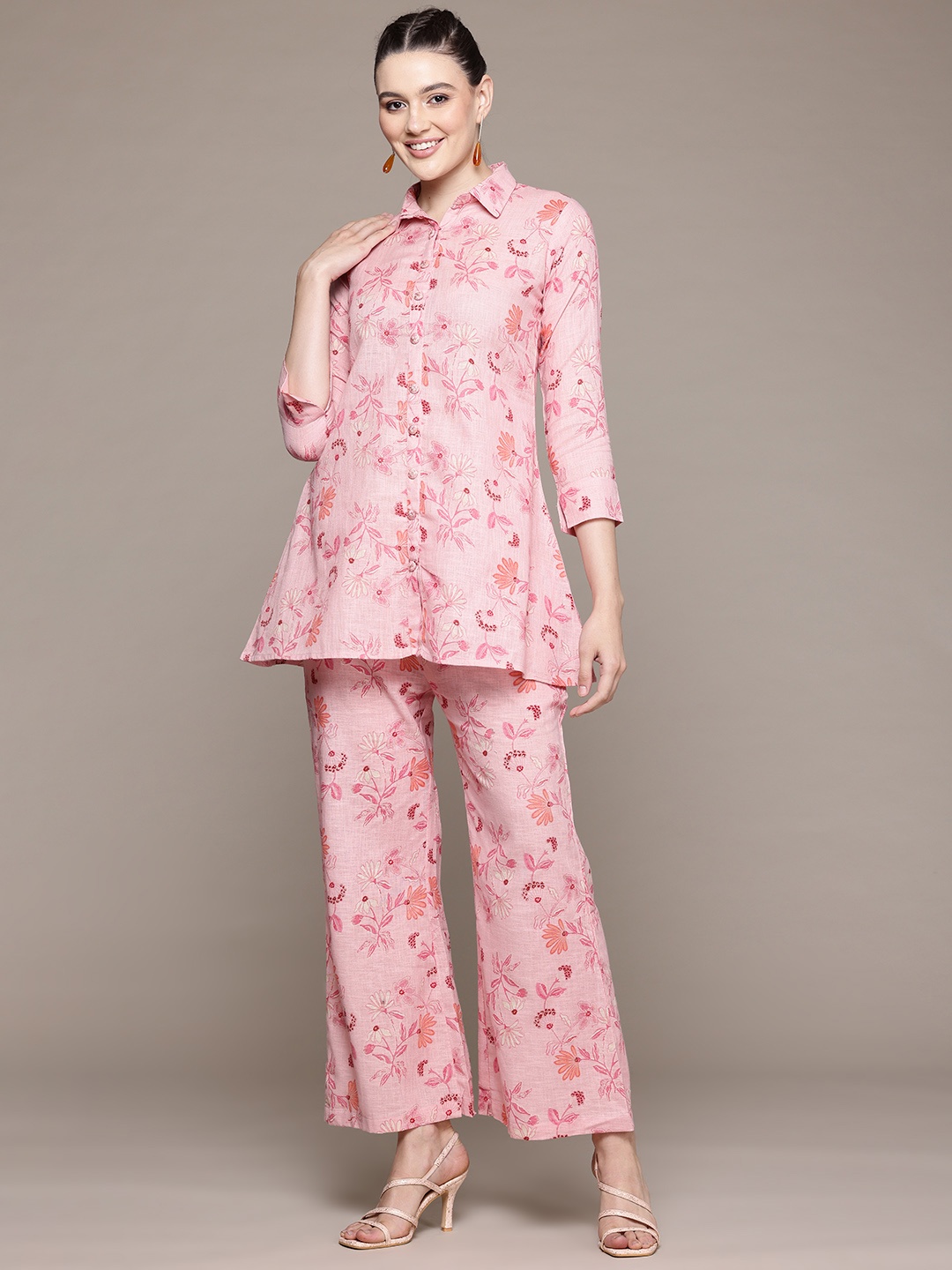 Readiprint Floral Printed Pure Cotton Tunic & Palazzos, Pink