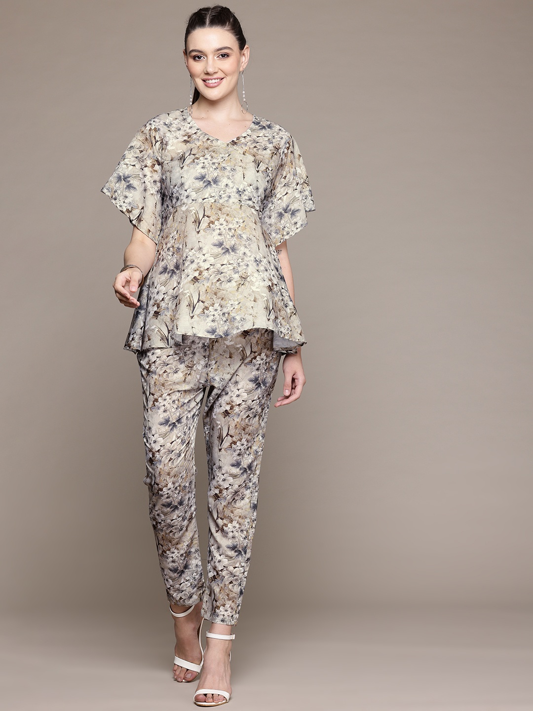 

Readiprint Floral Printed Crepe Top With Trousers, Beige