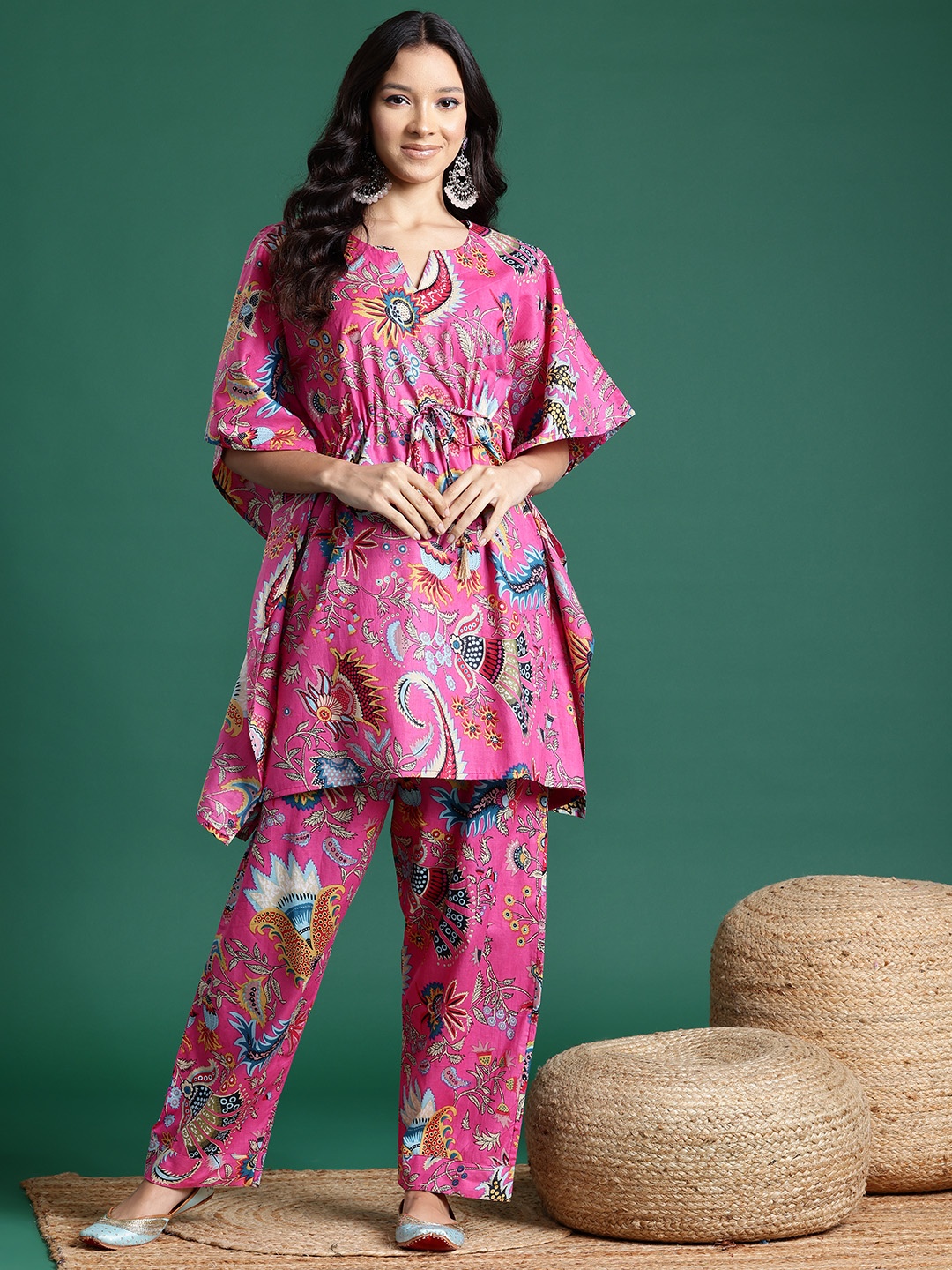 

Sangria Women Ethnic Motifs Printed Regular Pure Cotton Kurti with Palazzos, Pink