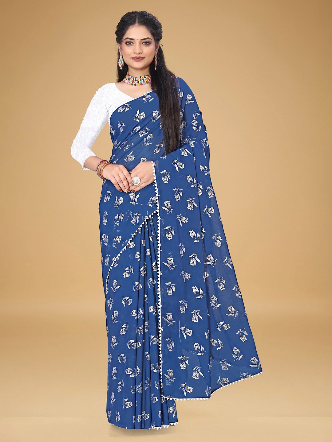 

VRAGI Floral Pure Georgette Saree, Navy blue