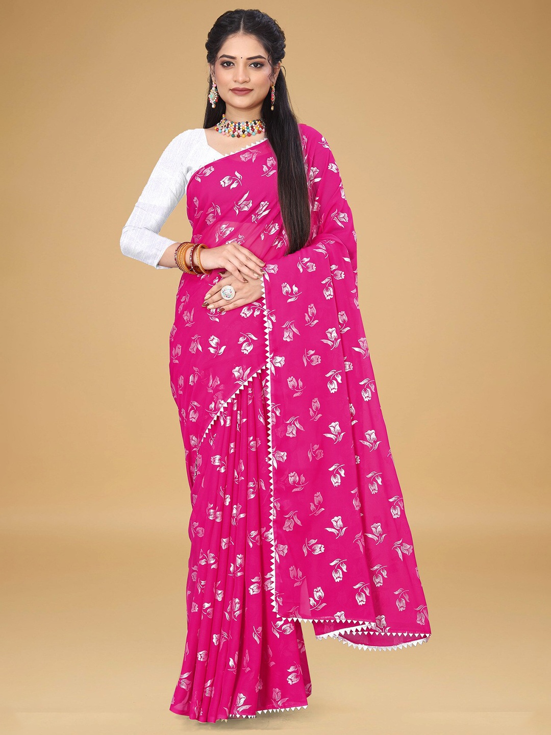 

VRAGI Floral Pure Georgette Saree, Pink