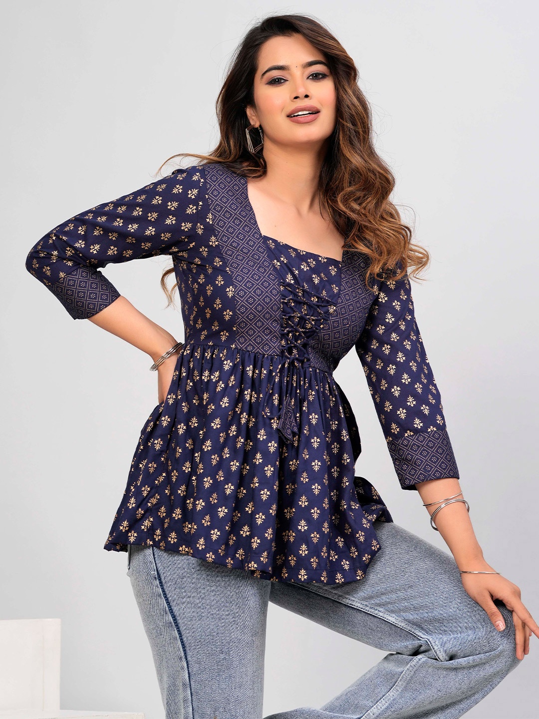 

DAEVISH Polka Dot Print Ethnic Empire Top, Blue