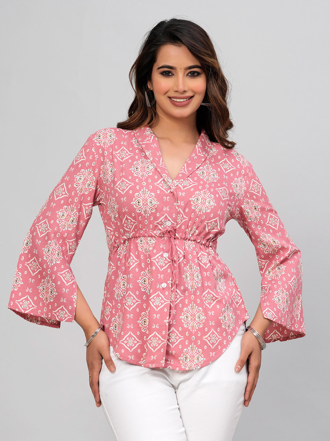 

DAEVISH Floral Print Bell Sleeve Ethnic Empire Top, Pink