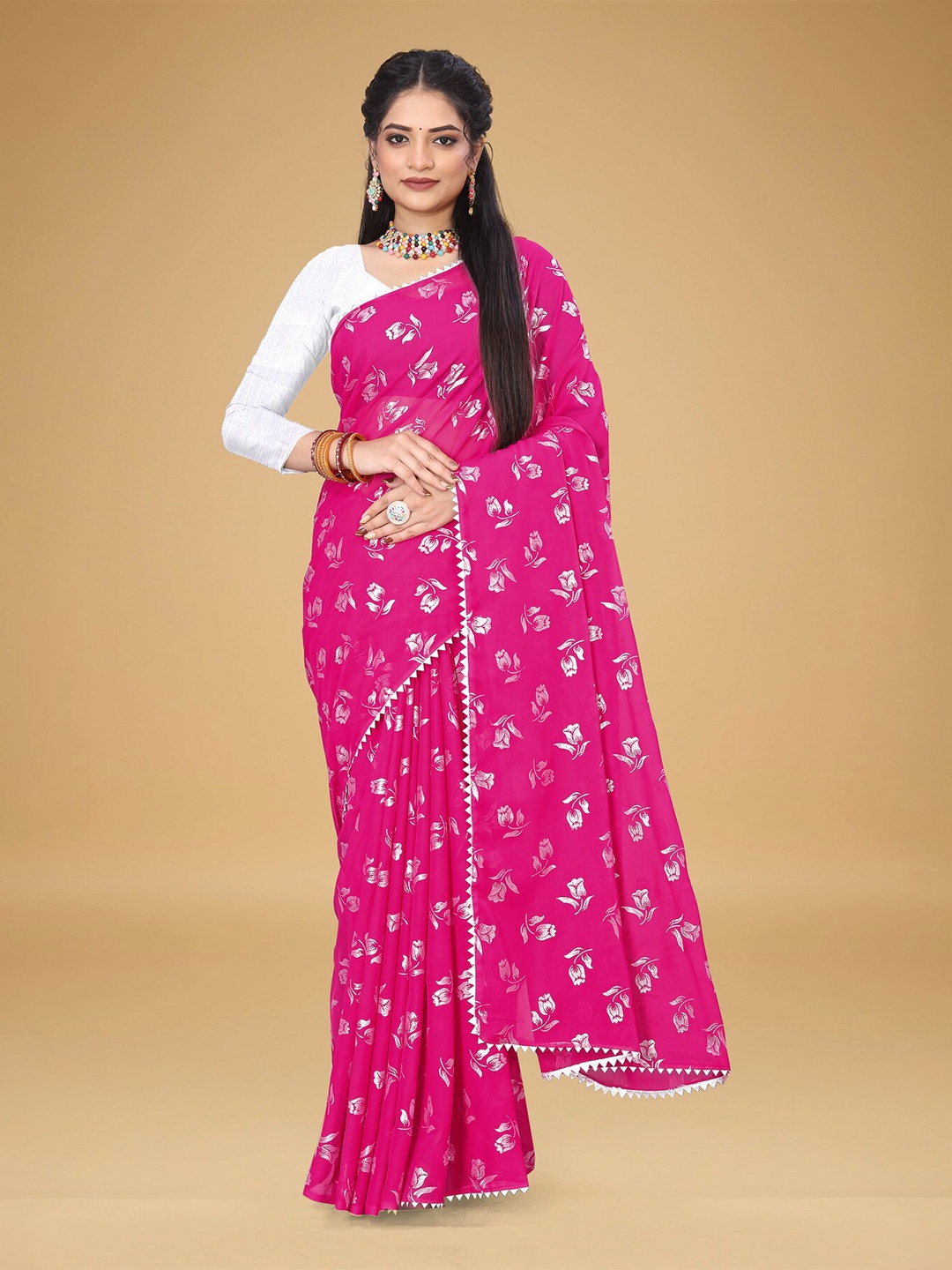 

VRAGI Floral Pure Georgette Saree, Pink