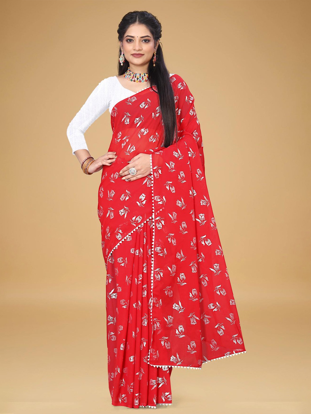 

VRAGI Floral Pure Georgette Saree, Red