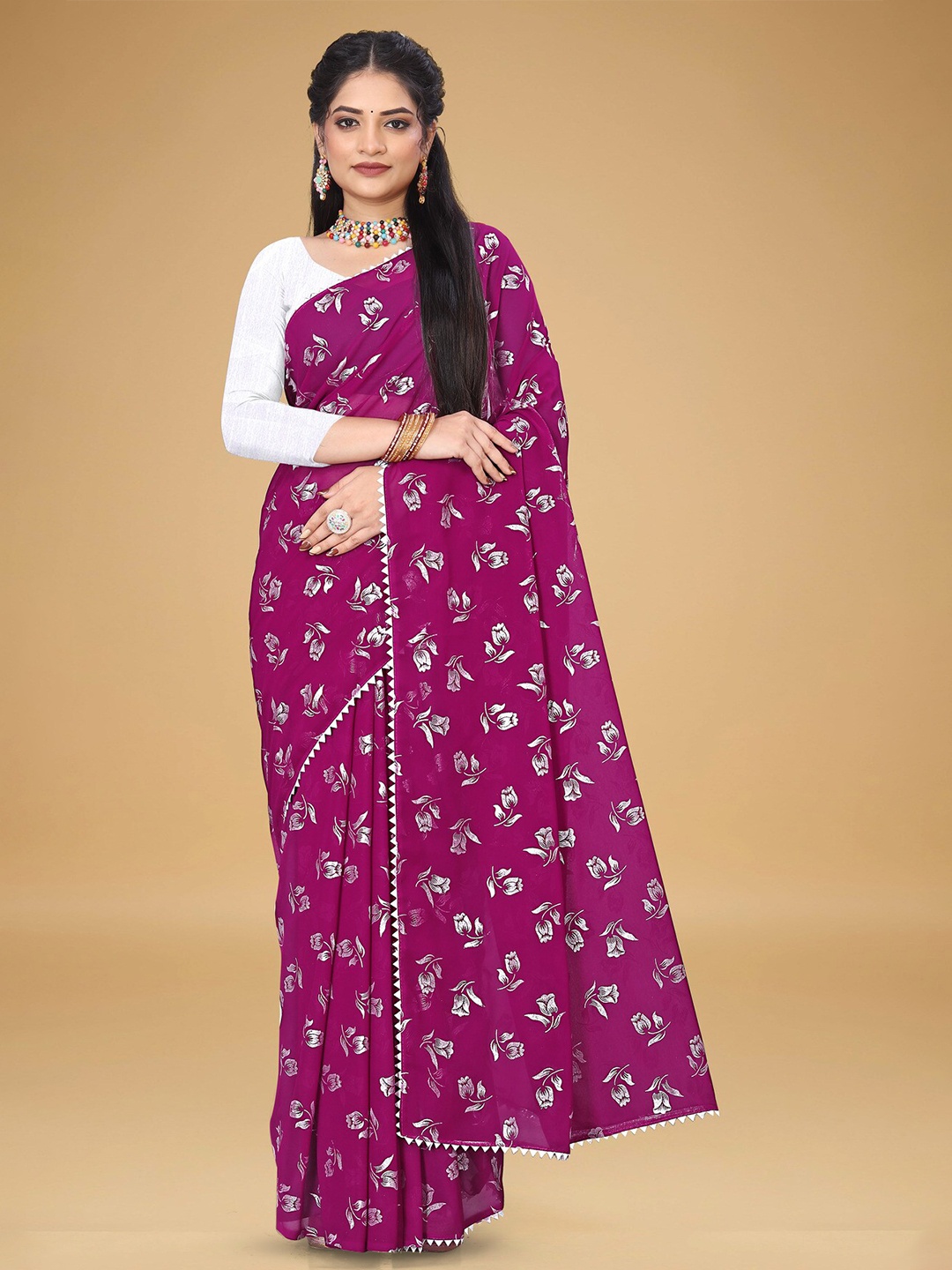 

VRAGI Floral Pure Georgette Saree, Purple