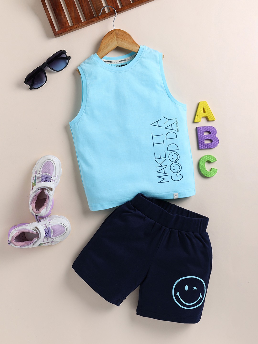 

Happy Faces Boys Typography Printed Cotton T-shirt with Shorts, Blue