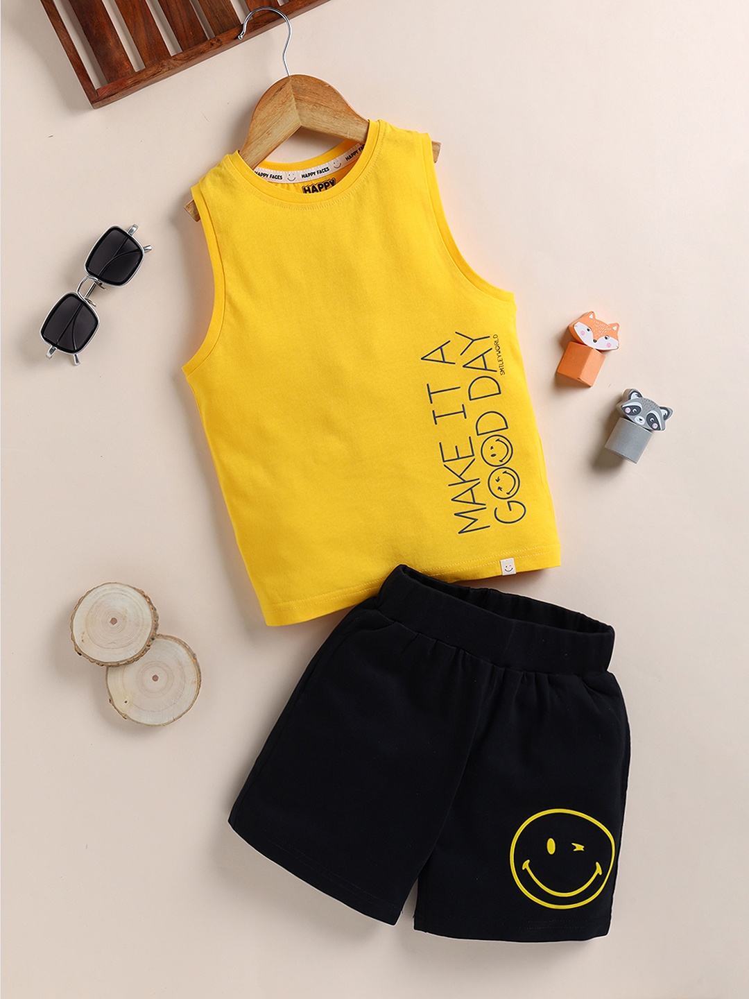 

Happy Faces Boys Typography Printed Cotton T-shirt with Shorts, Yellow