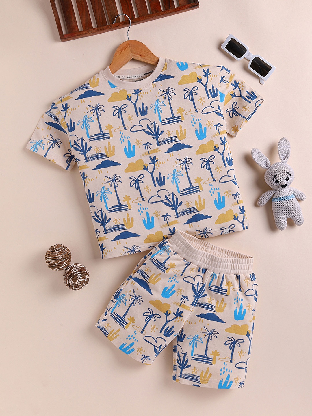 

Happy Faces Boys Pure Cotton Printed T-shirt with Shorts, Beige