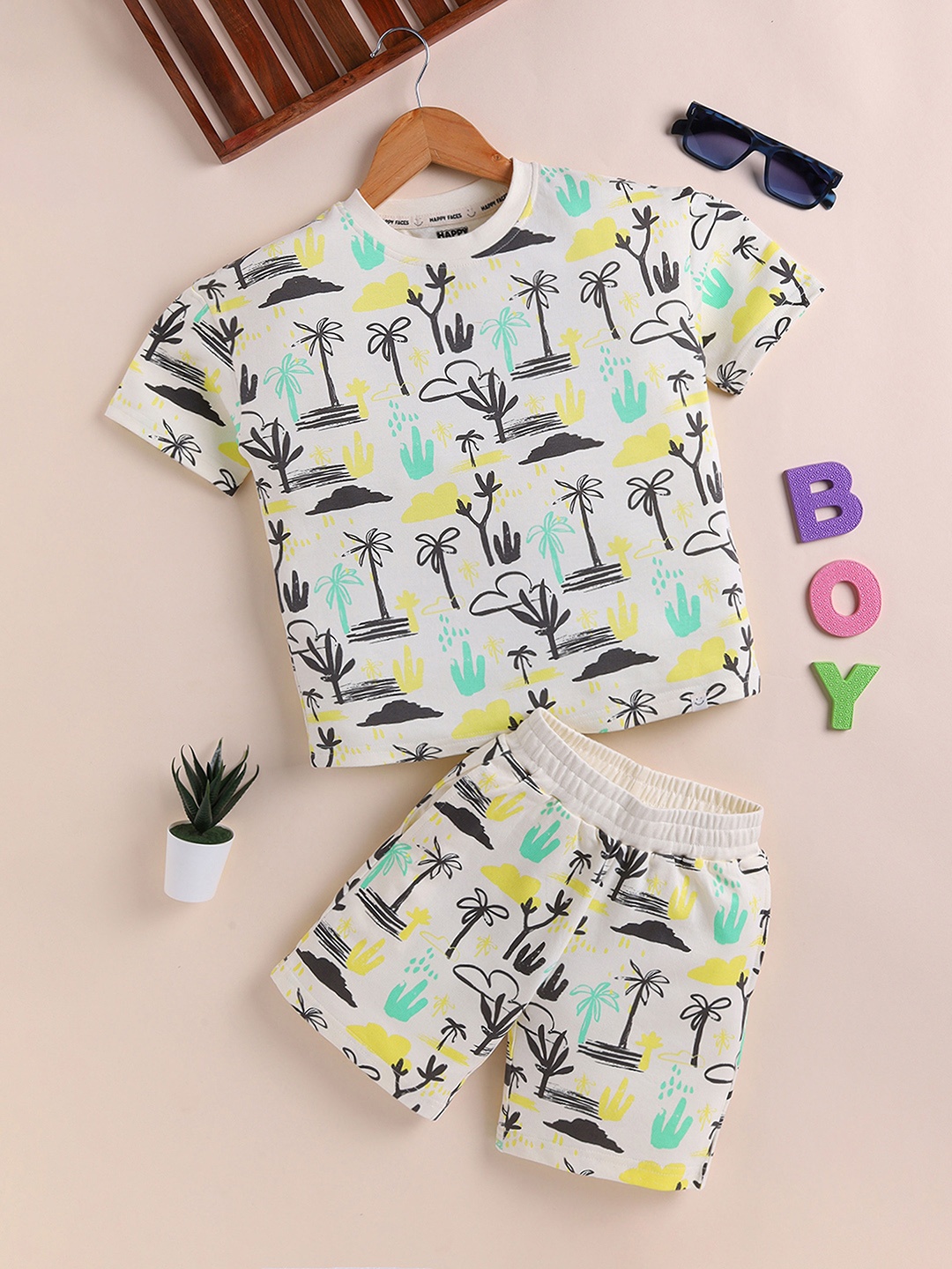 Happy Faces Boys Pure Cotton Printed T-shirt with Shorts, Off white