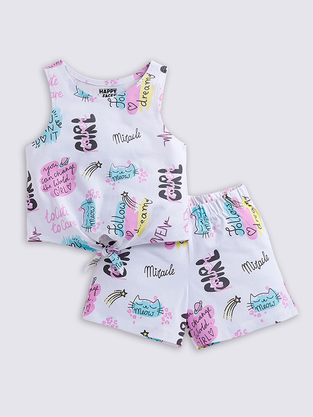 

Happy Faces Girls Pure Cotton Printed Top with Shorts, White