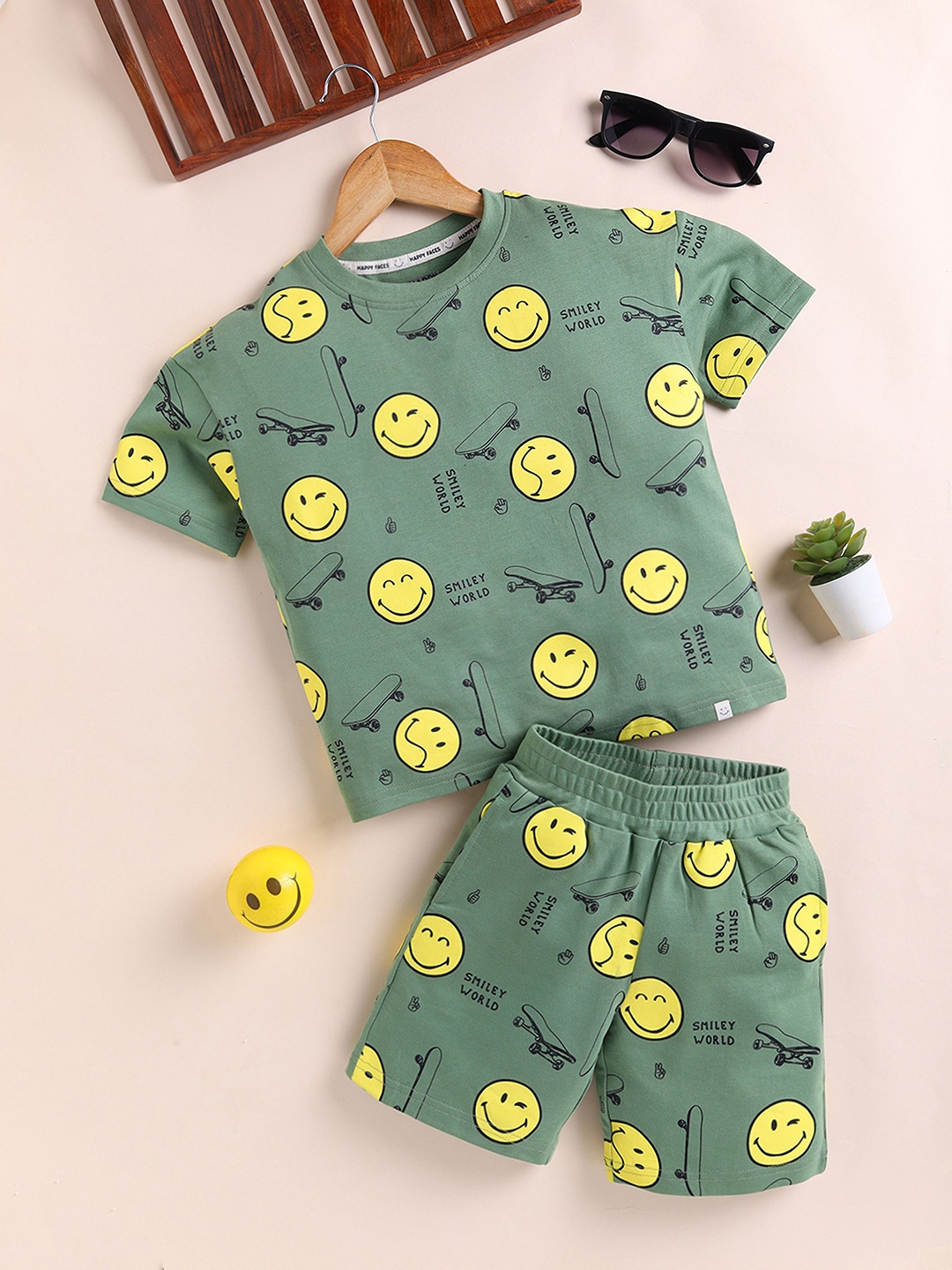 

Happy Faces Boys Pure Cotton Smiley Printed T-shirt with Shorts, Olive
