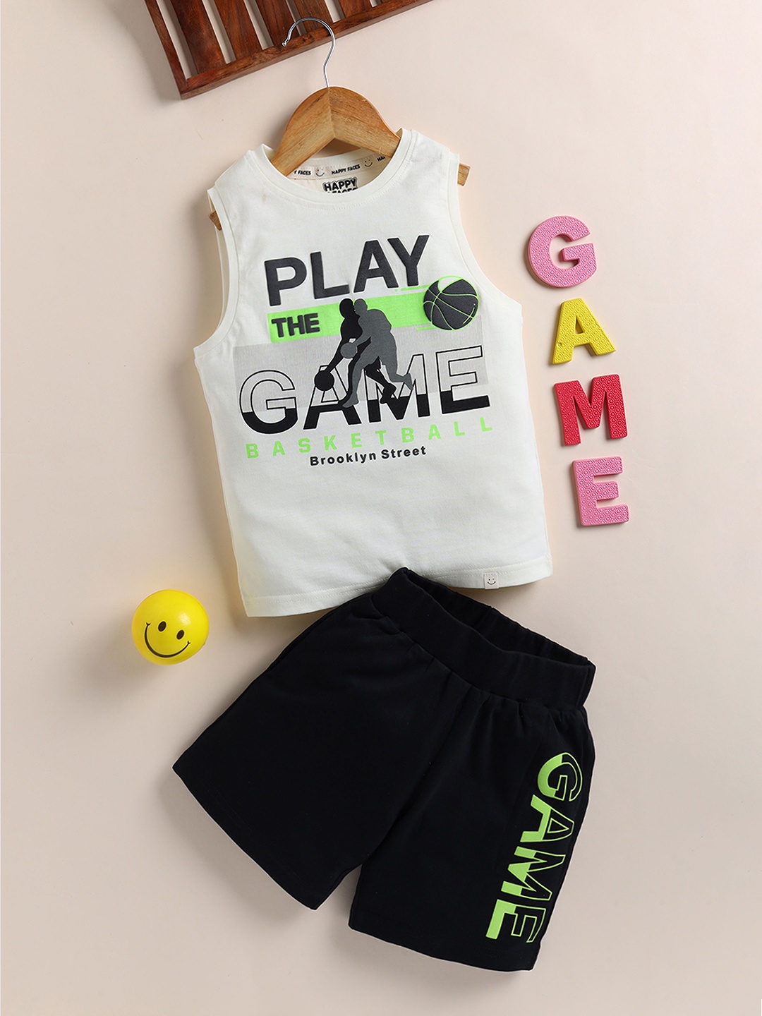 

Happy Faces Boys Typography Printed Cotton T-shirt with Shorts, Off white