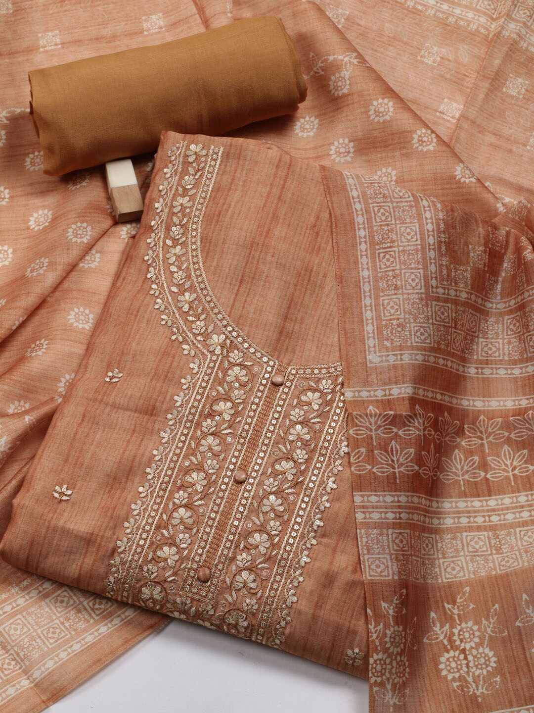 

Meena Bazaar Floral Embroidered Art Silk Unstitched Dress Material, Mustard