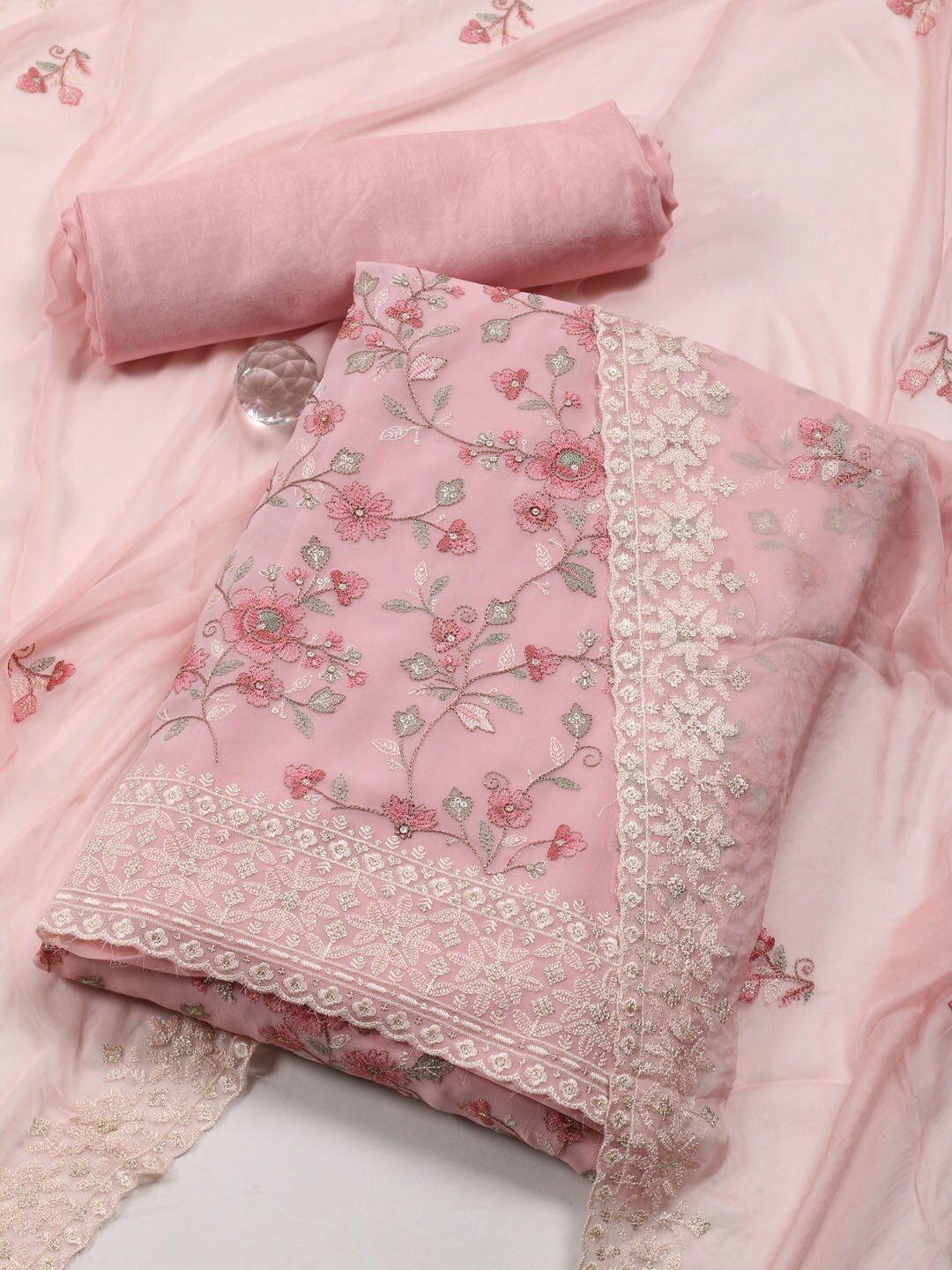 

Meena Bazaar Floral Embroidered Unstitched Dress Material, Pink