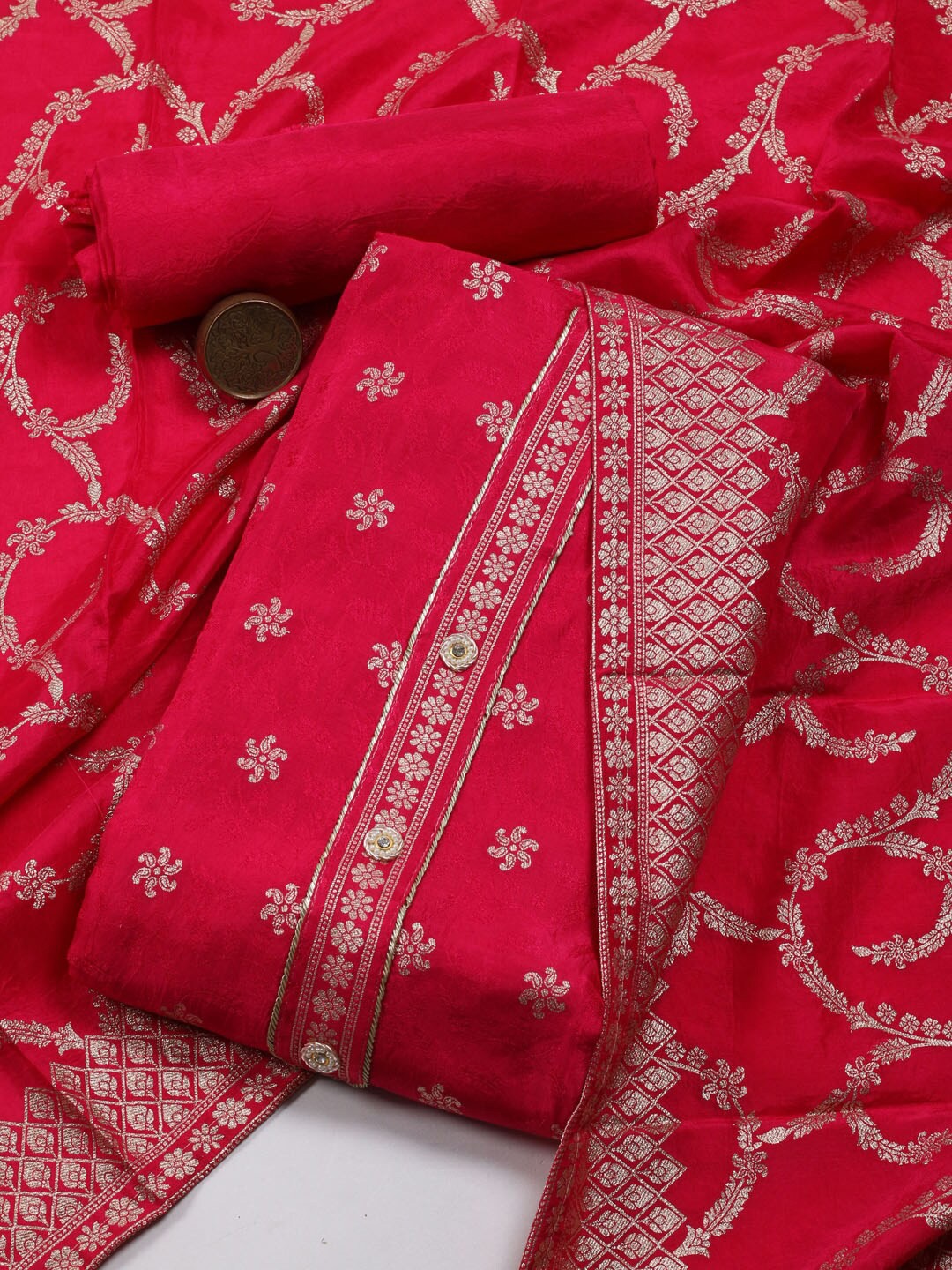 

Meena Bazaar Floral Woven Design Art Silk Unstitched Dress Material, Magenta