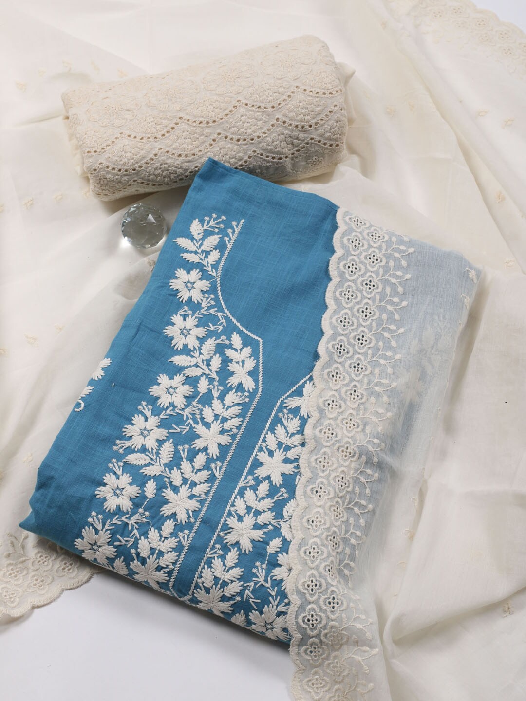 

Meena Bazaar Floral Embroidered Unstitched Dress Material, Blue