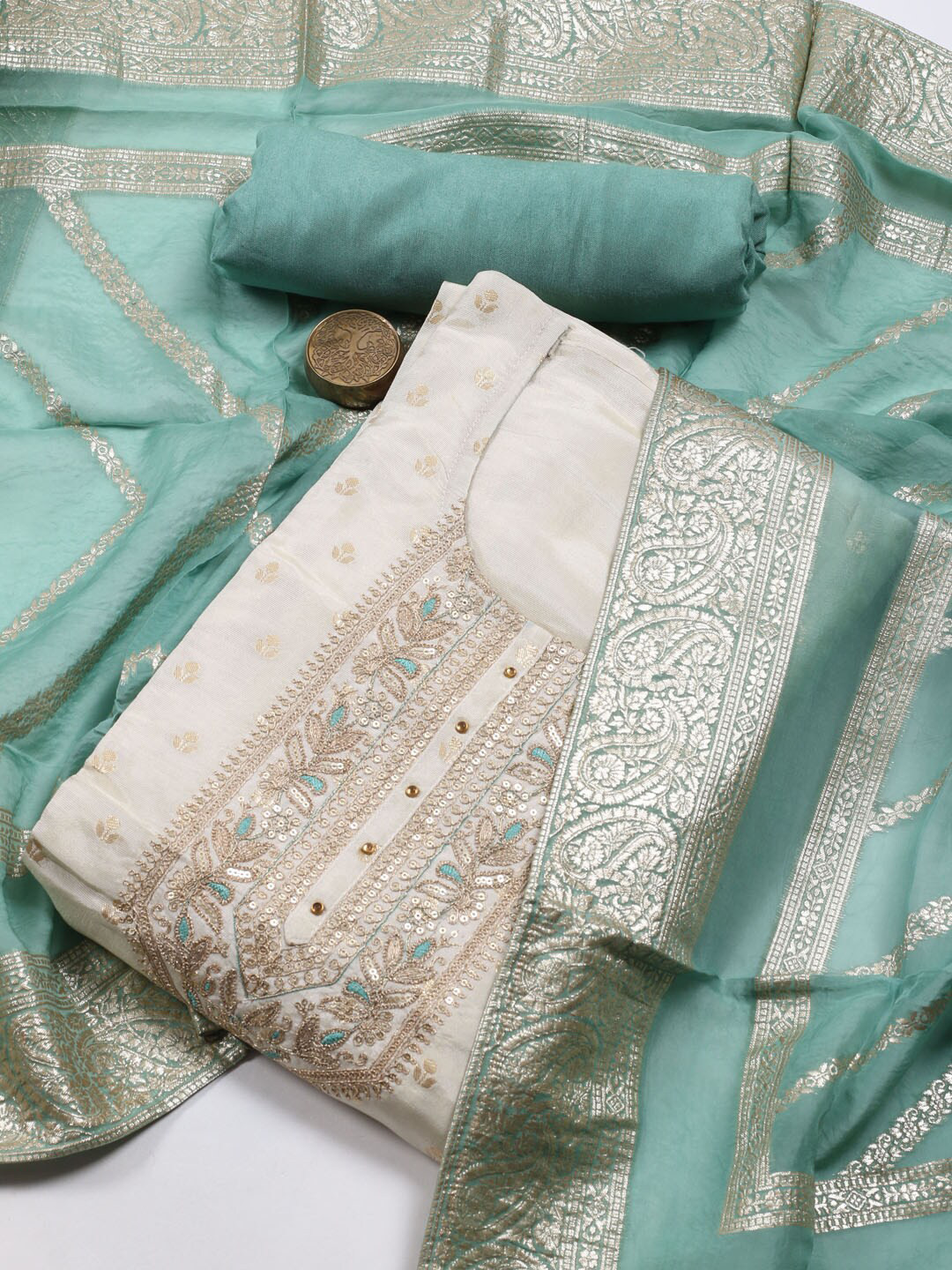 

Meena Bazaar Floral Woven Design Art Silk Unstitched Dress Material, Cream