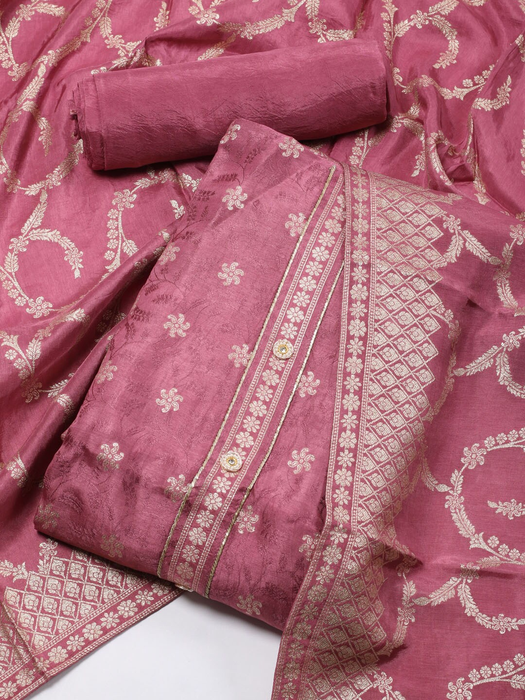 

Meena Bazaar Floral Woven Design Art Silk Unstitched Dress Material, Pink