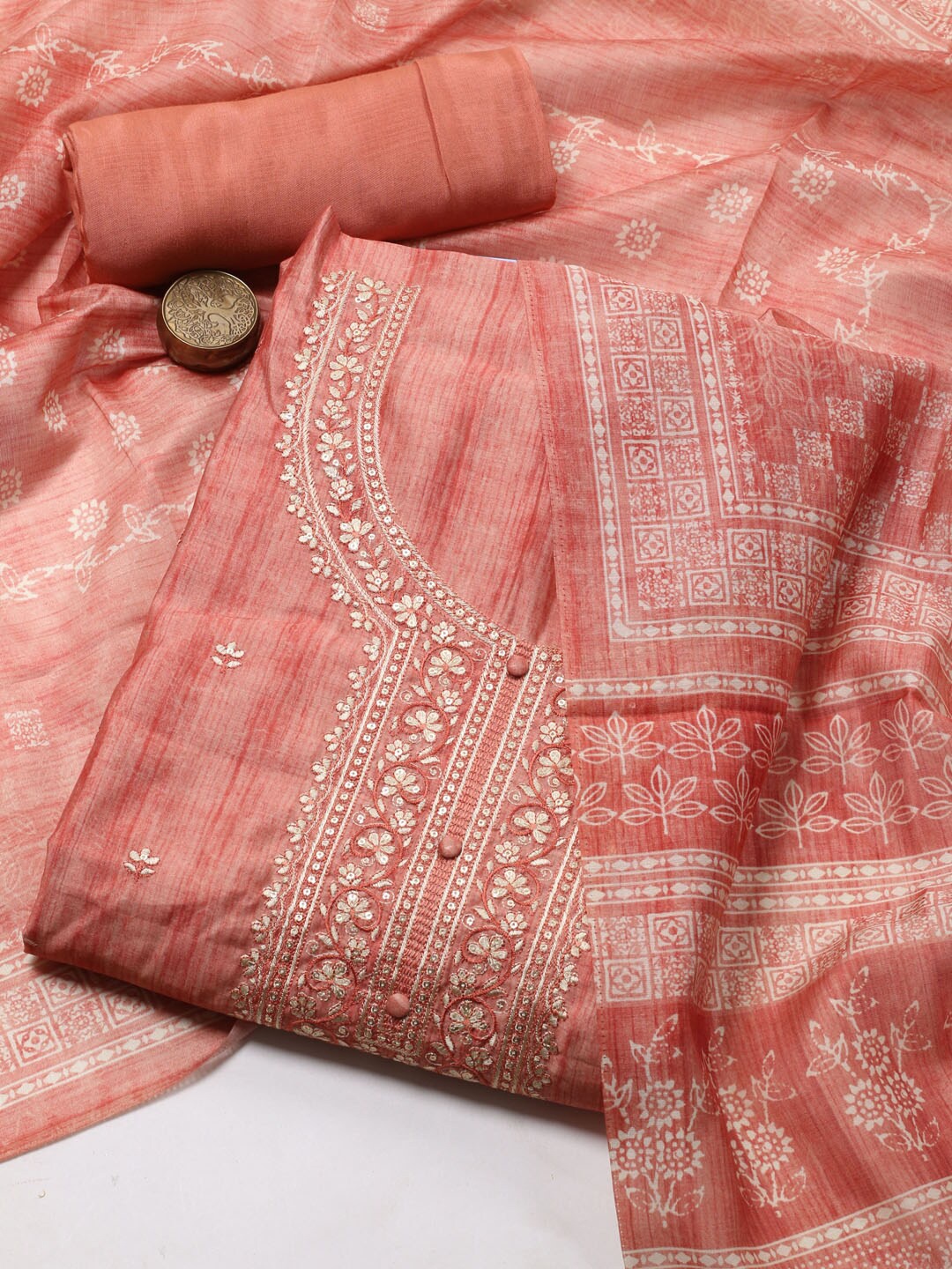 

Meena Bazaar Floral Embroidered Mirror Work Art Silk Unstitched Dress Material, Rust