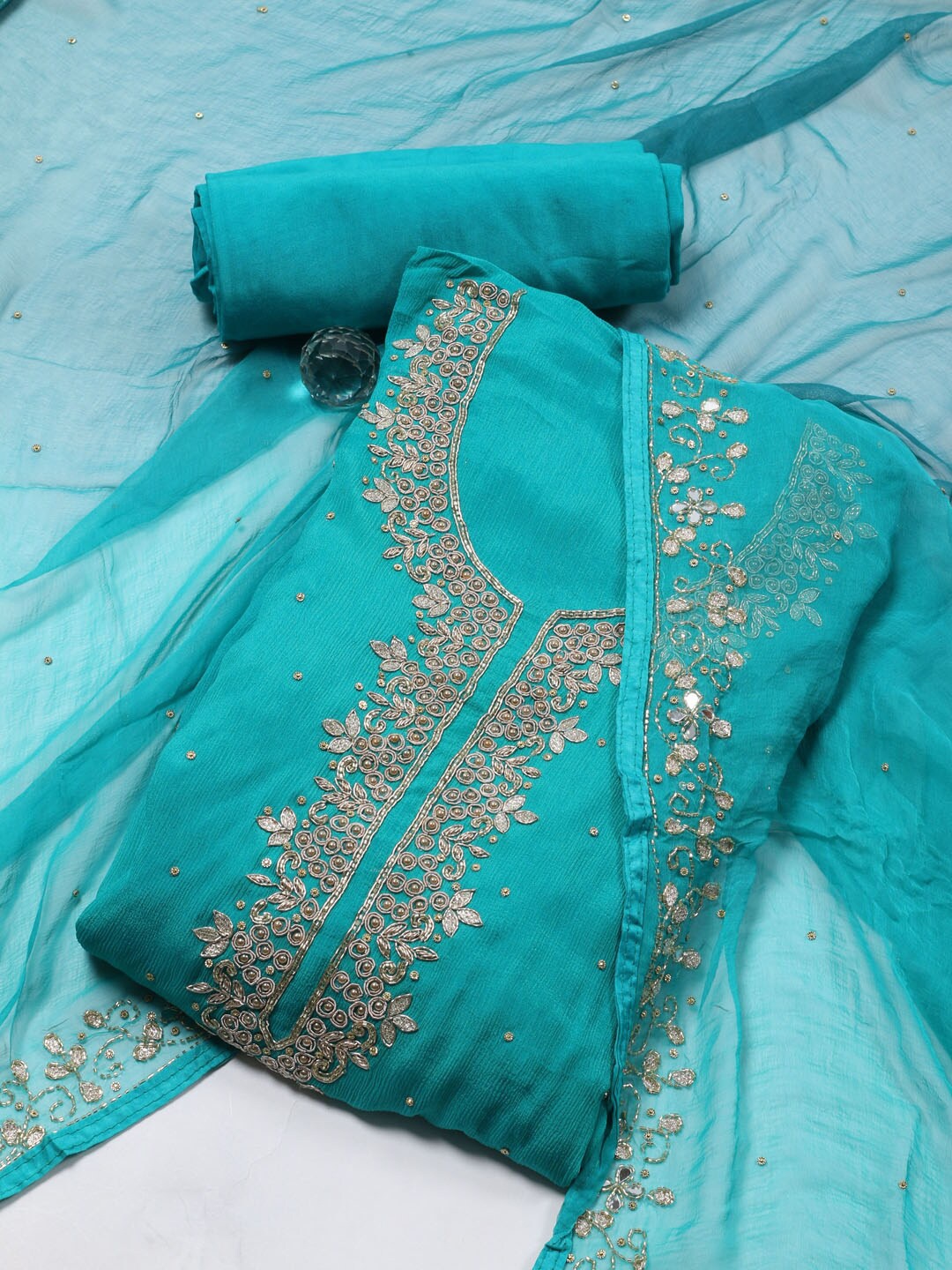 

Meena Bazaar Floral Embroidered Mirror Work Art Silk Unstitched Dress Material, Blue