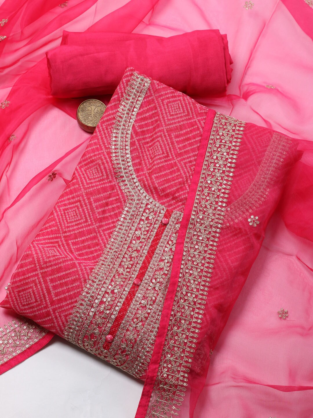 

Meena Bazaar Geometric Embroidered Mirror Work Organza Unstitched Dress Material, Pink
