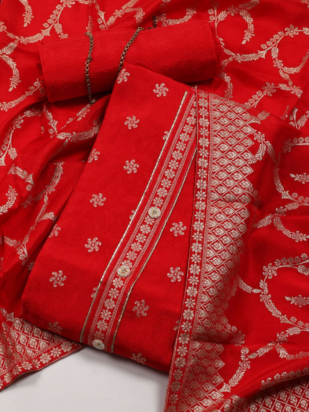 

Meena Bazaar Floral Woven Design Sequinned Art Silk Unstitched Dress Material, Red