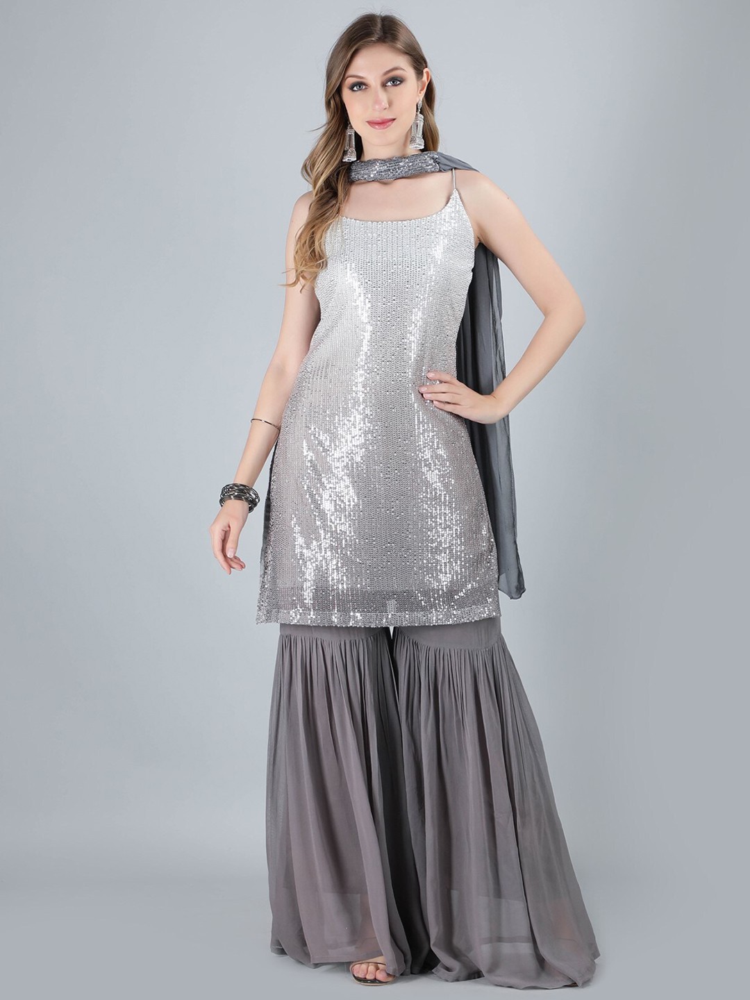 

Laalzari Embellished Straight Kurta With Sharara & Dupatta Set, Grey