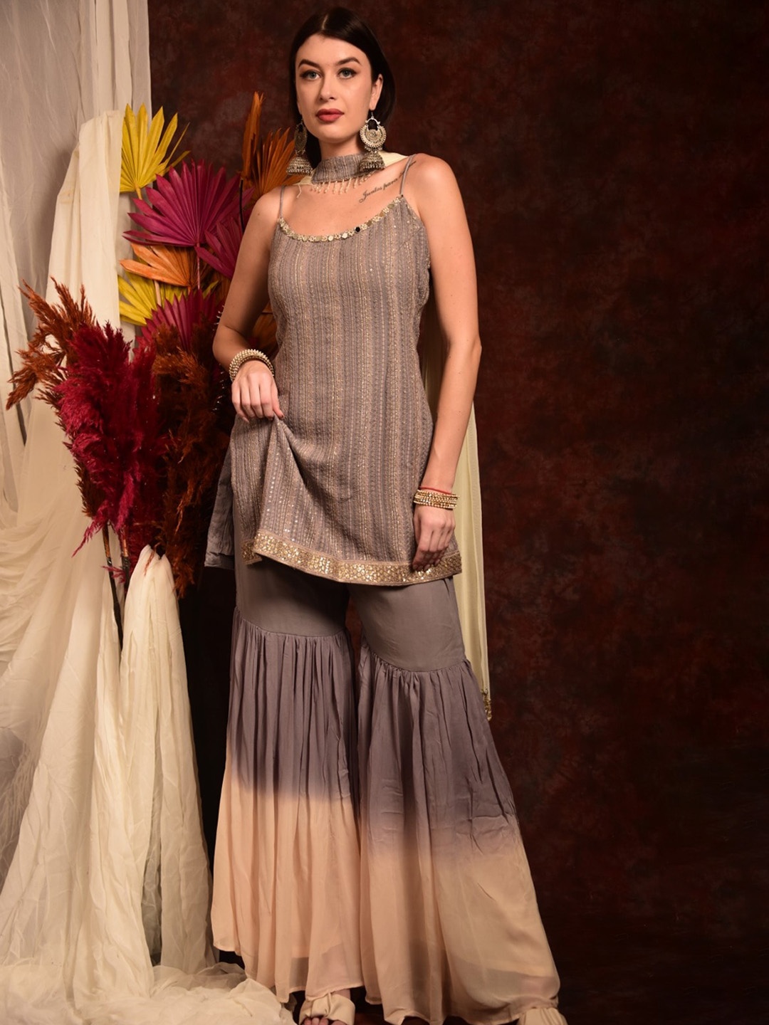 

Laalzari Striped Shoulder Straps Sequinned Straight Kurti & Sharara With Dupatta, Lavender