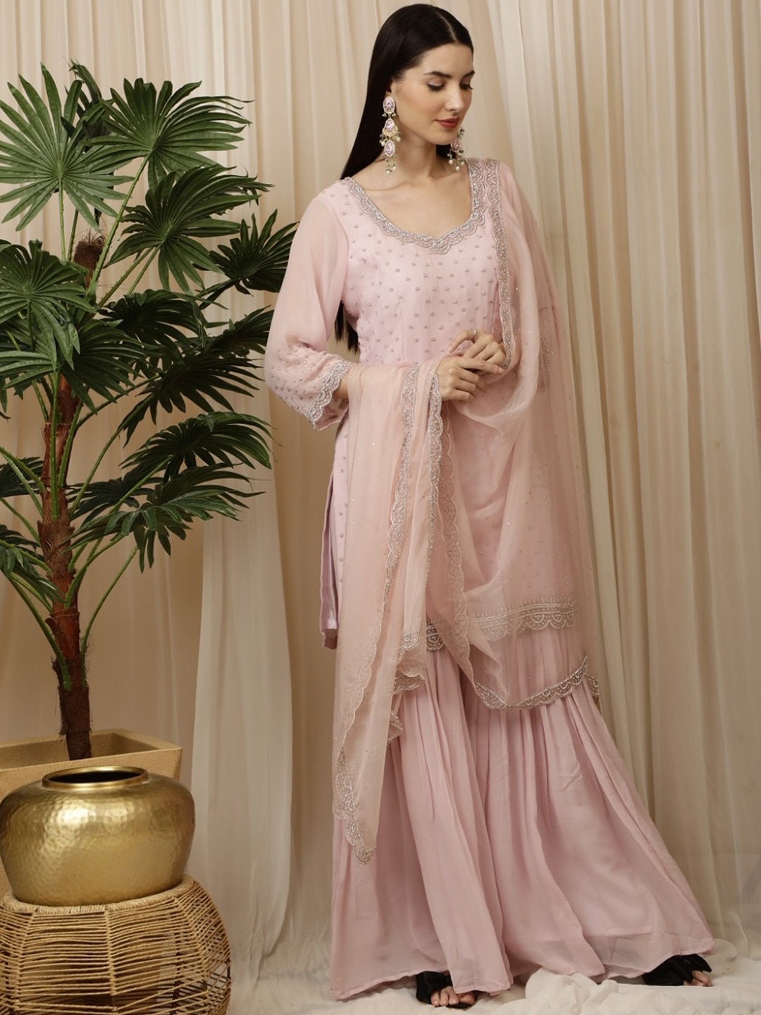 

Laalzari Embroidered Straight Kurta & Sharara With Dupatta, Pink