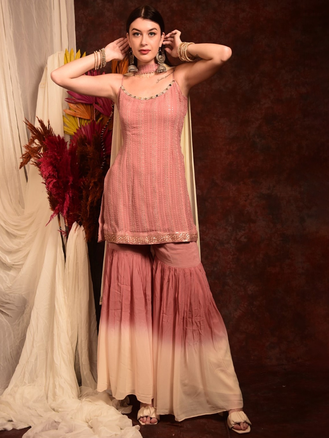

Laalzari Self Designed Kurta With Sharara & Dupatta Set, Pink