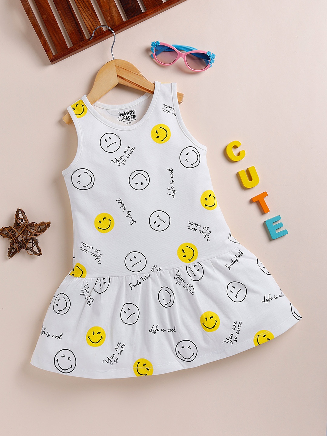 

Happy Faces Pure Cotton Smiley Print A-Line Dress, Off white