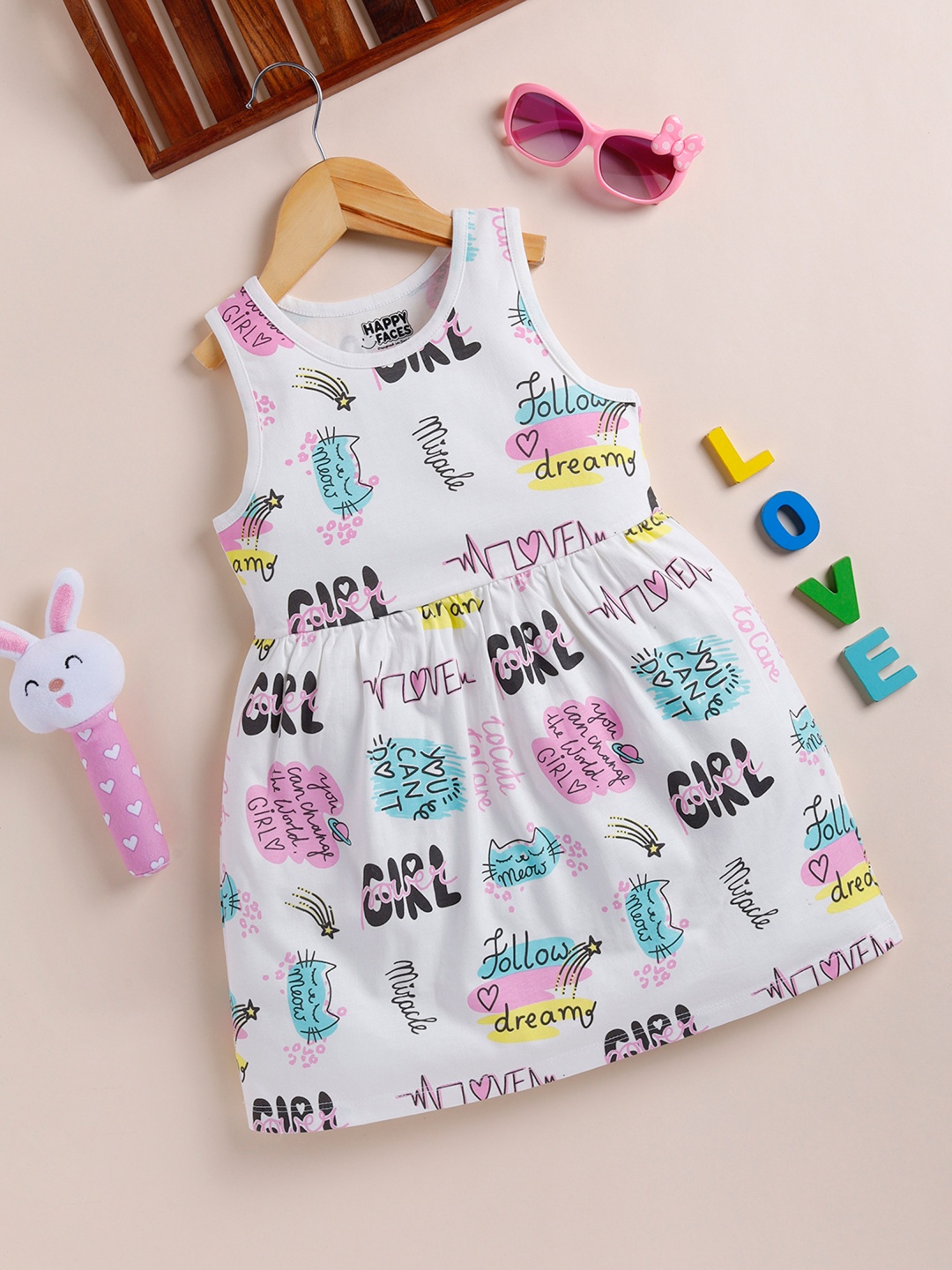 

Happy Faces Girls Cotton Print A-Line Dress, White